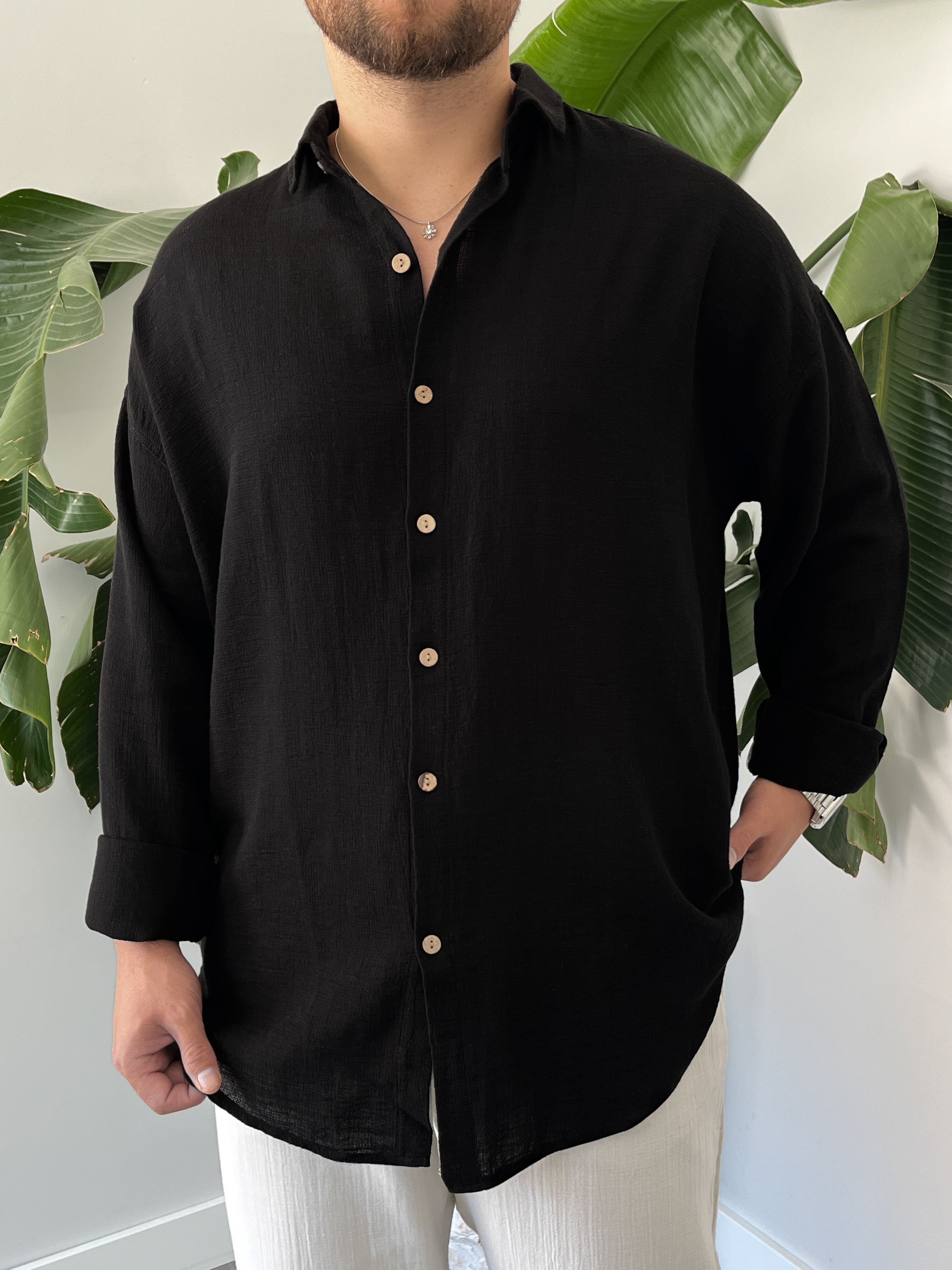 Siyah Etamin Keten Oversize Gömlek