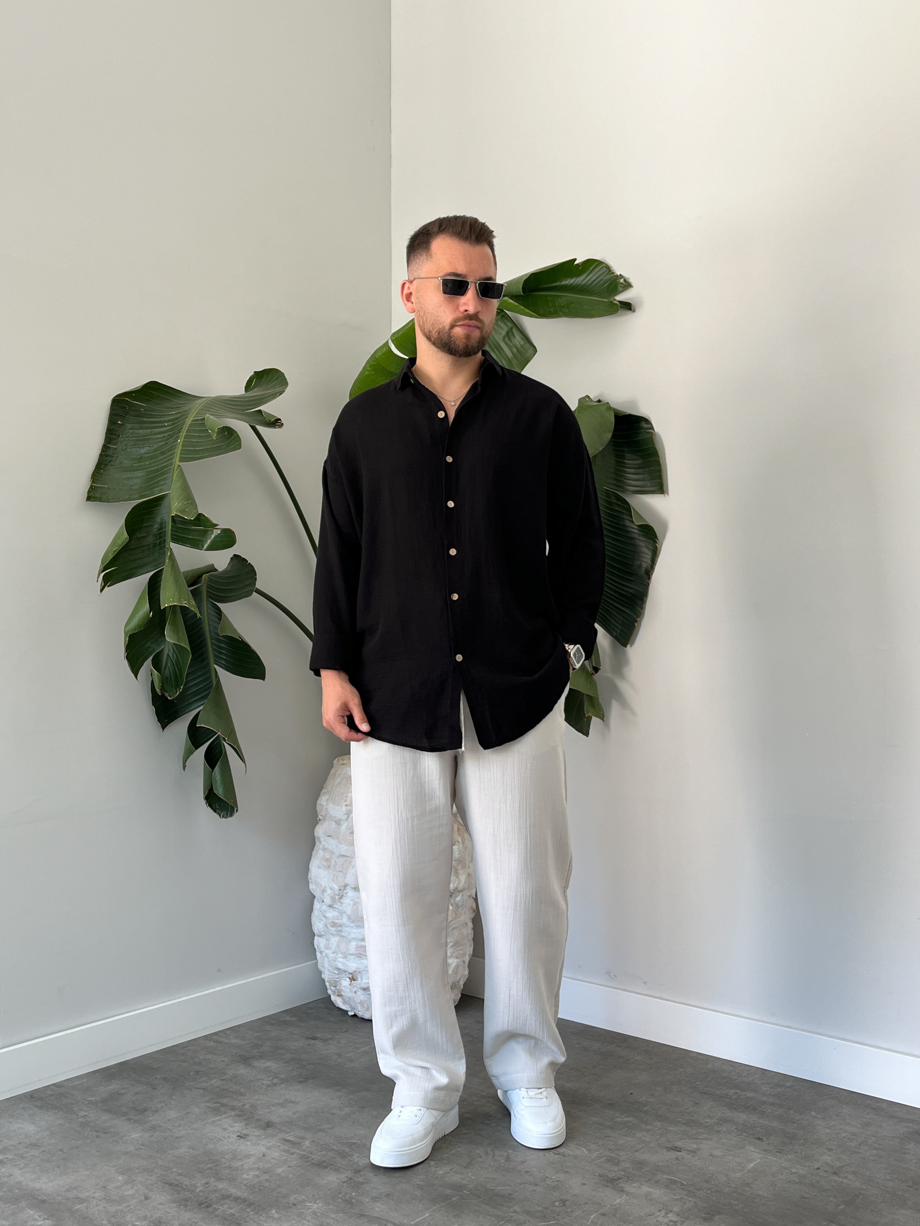 Siyah Etamin Keten Oversize Gömlek