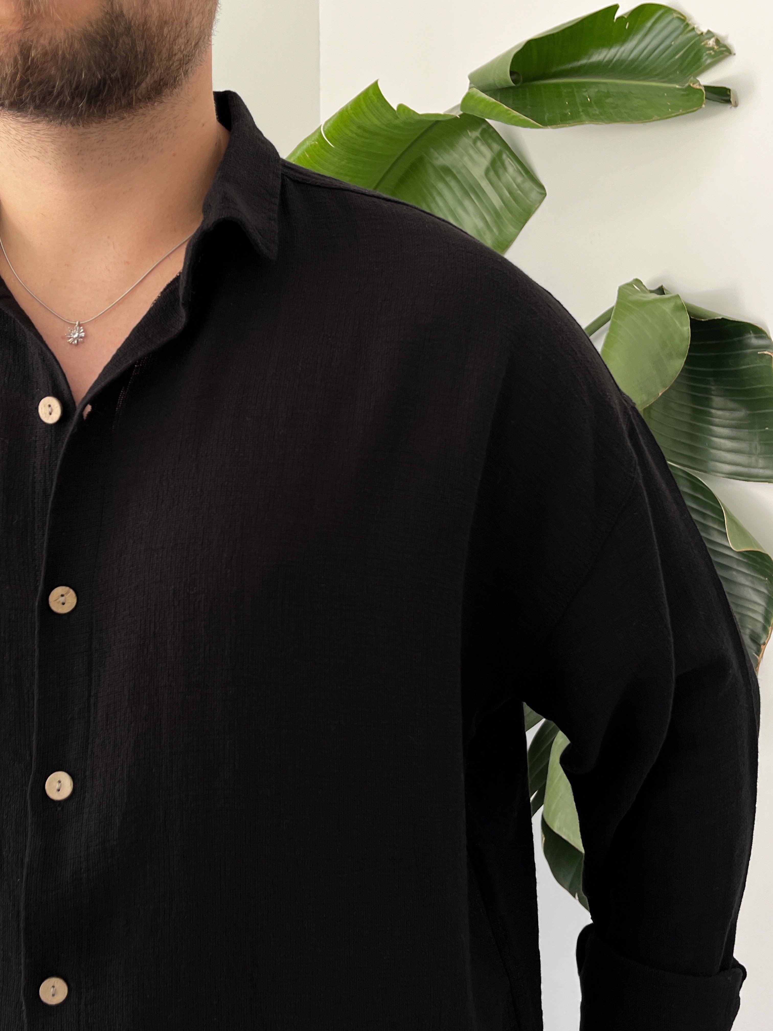 Siyah Etamin Keten Oversize Gömlek