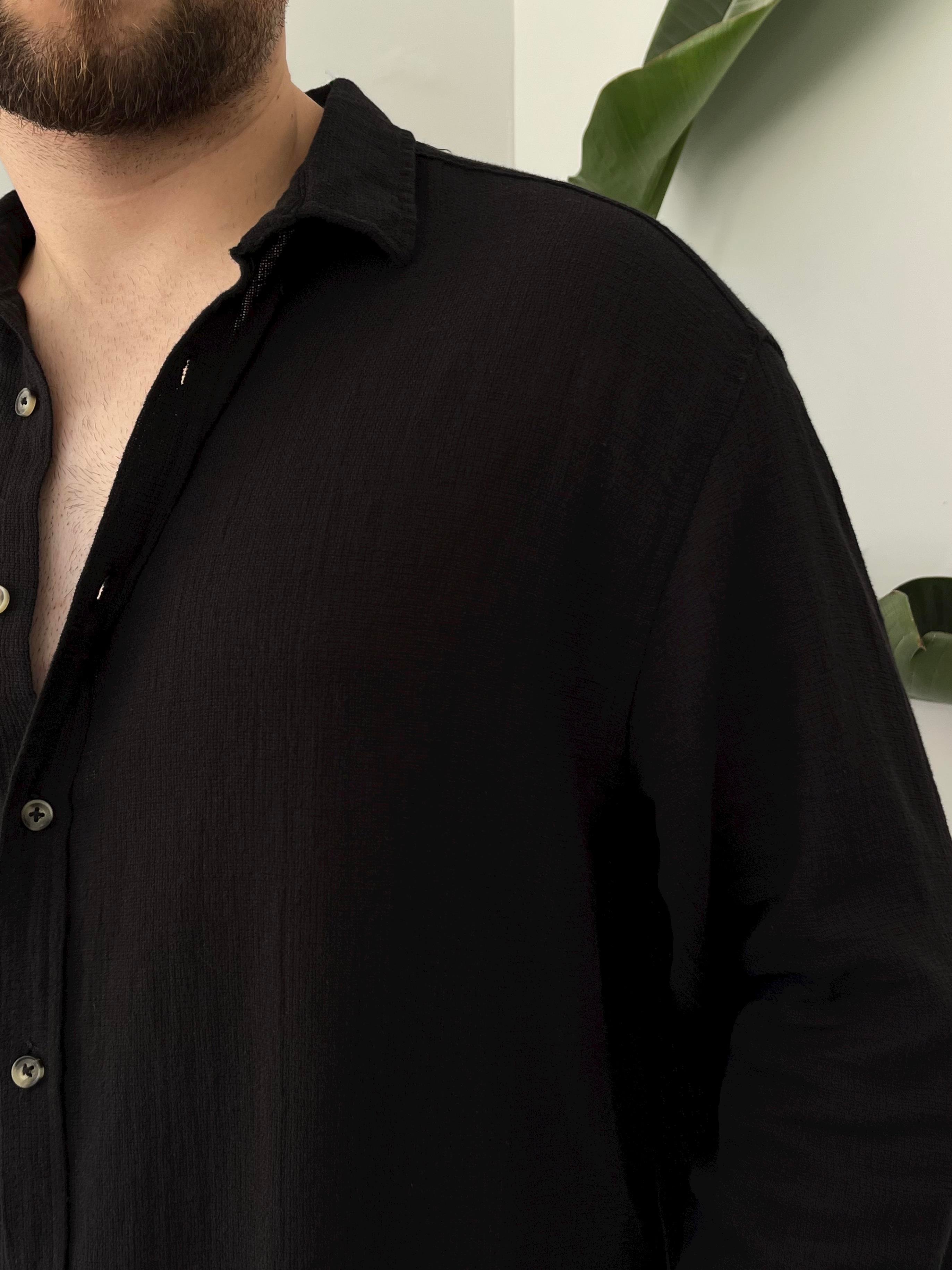 Siyah Etamin Keten Oversize Gömlek