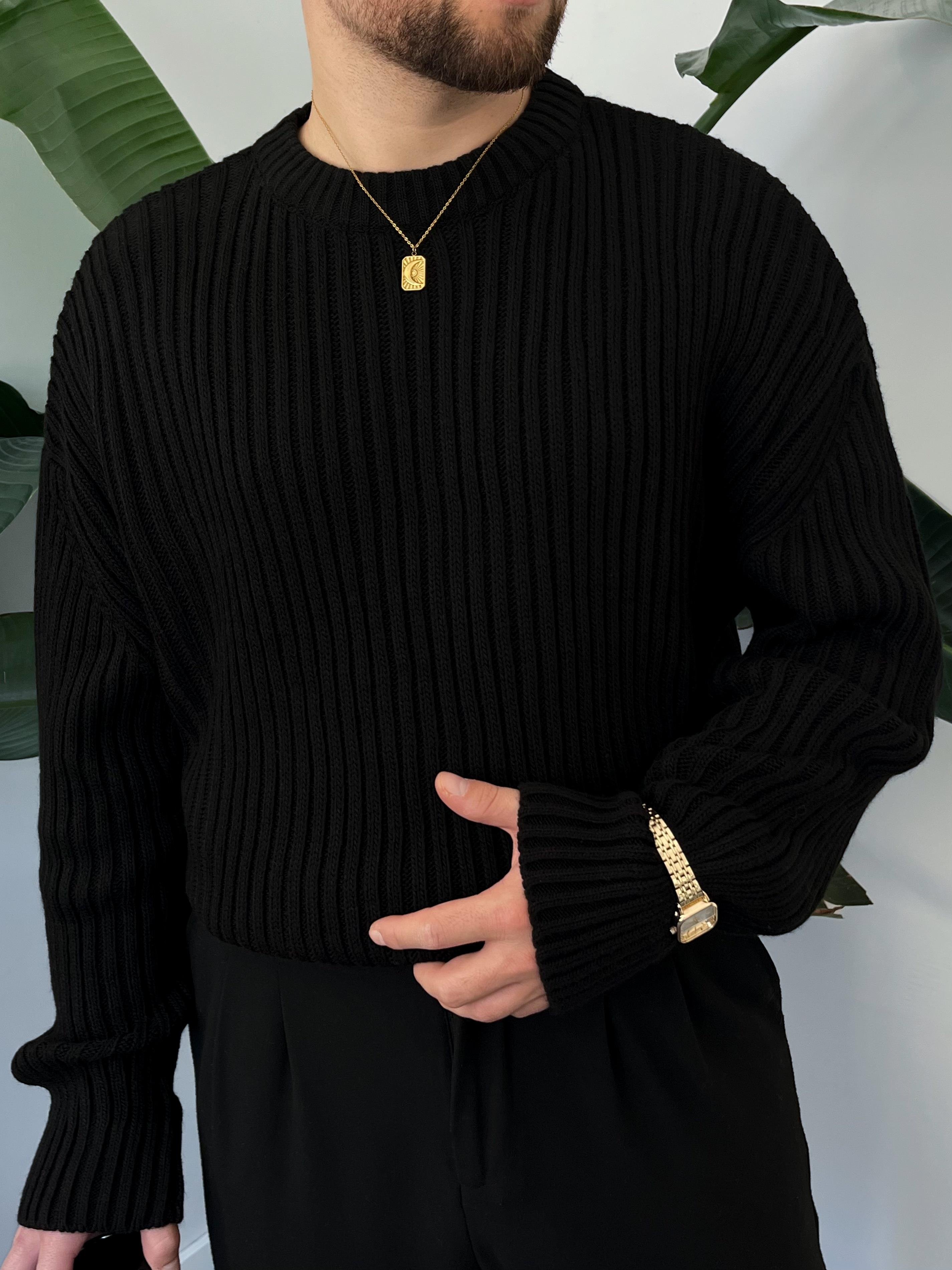 Siyah Extra Dolgulu Oversize Örgü Kazak