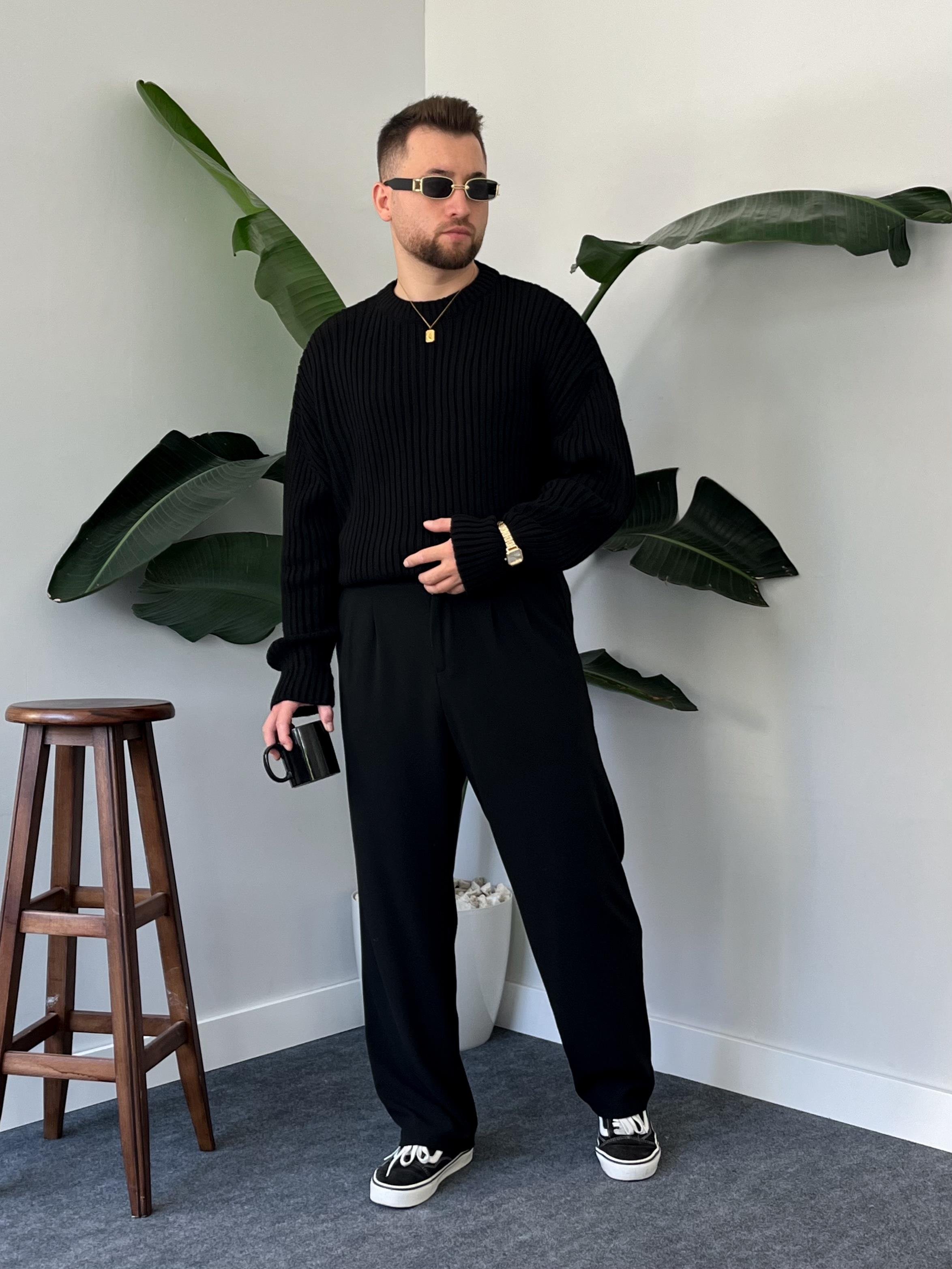 Siyah Extra Dolgulu Oversize Örgü Kazak
