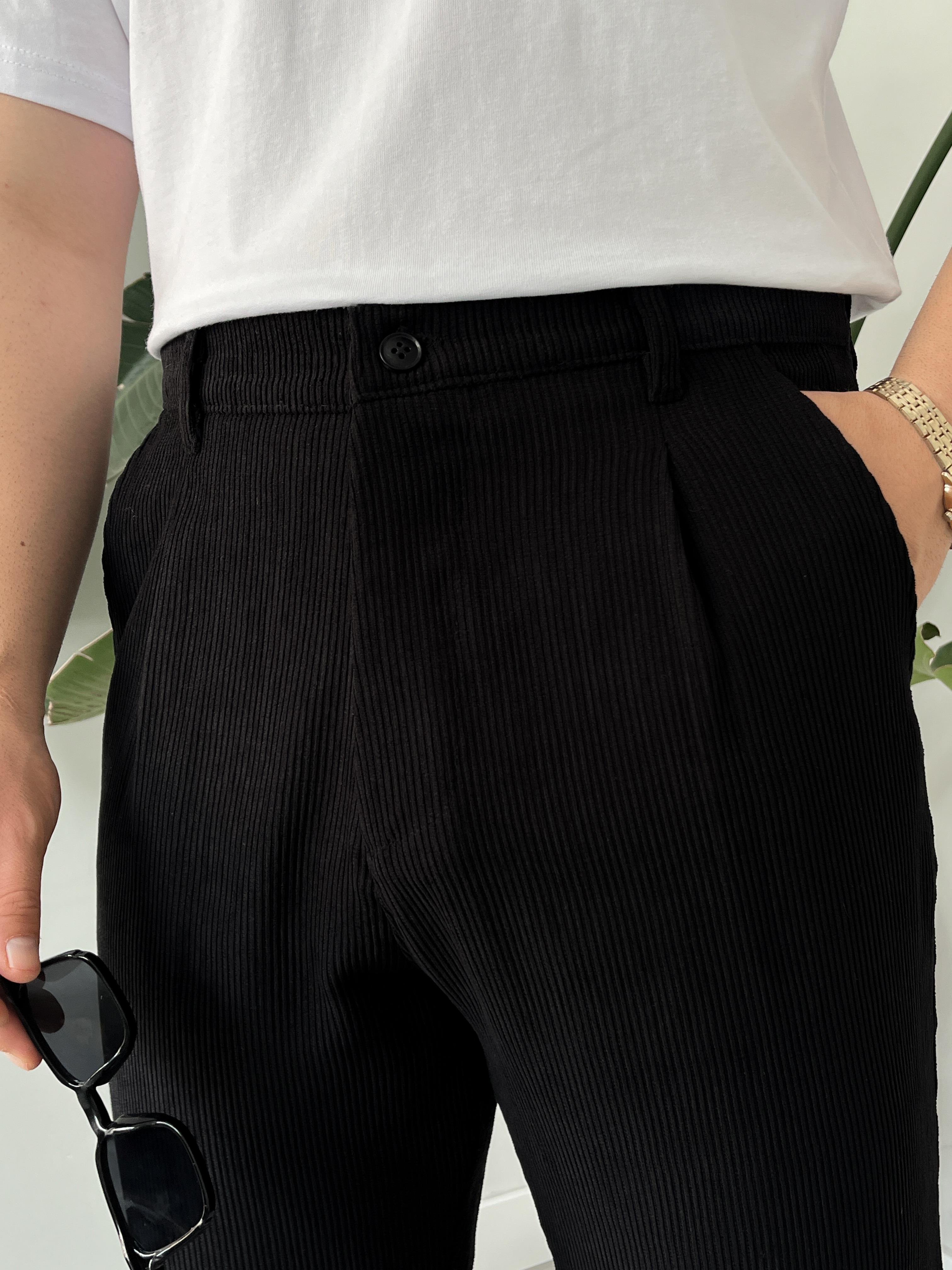Siyah Fitilli Kadife Baggy Pantolon