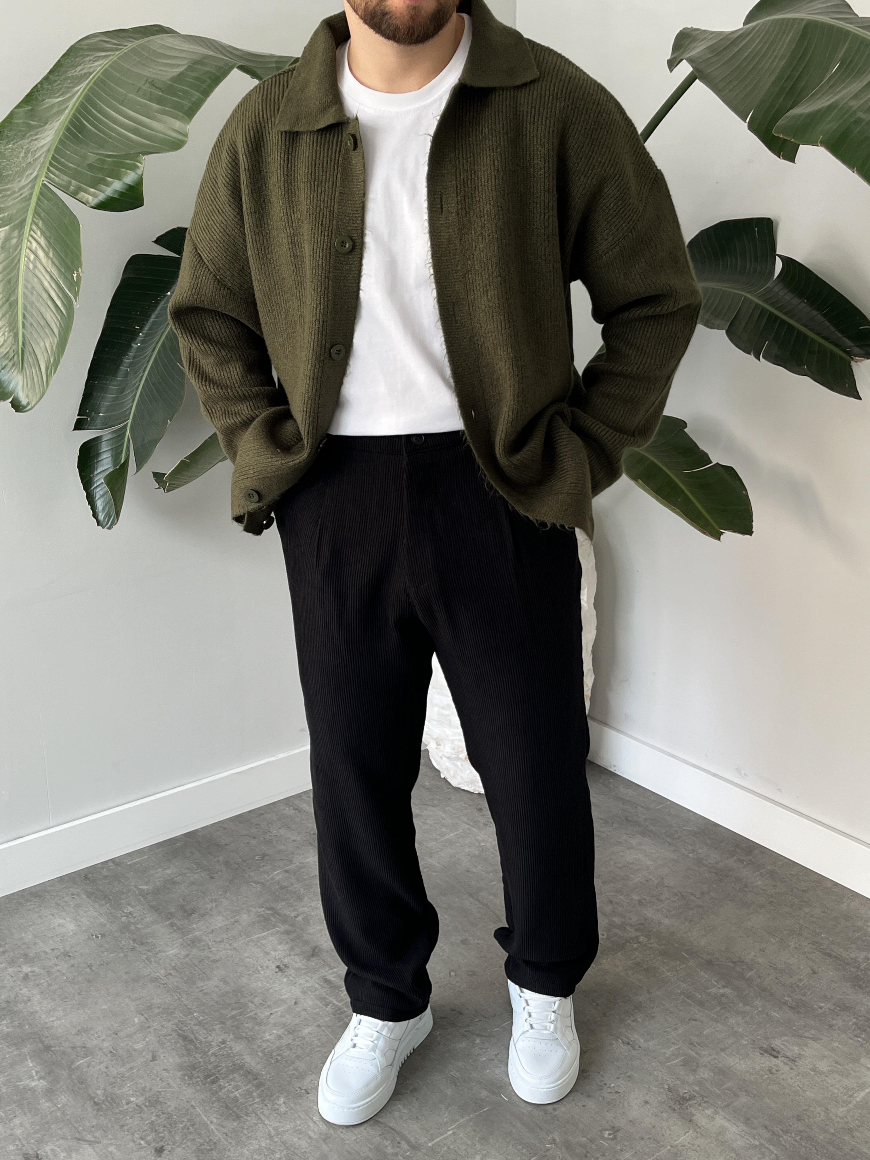 Siyah Fitilli Kadife Baggy Pantolon