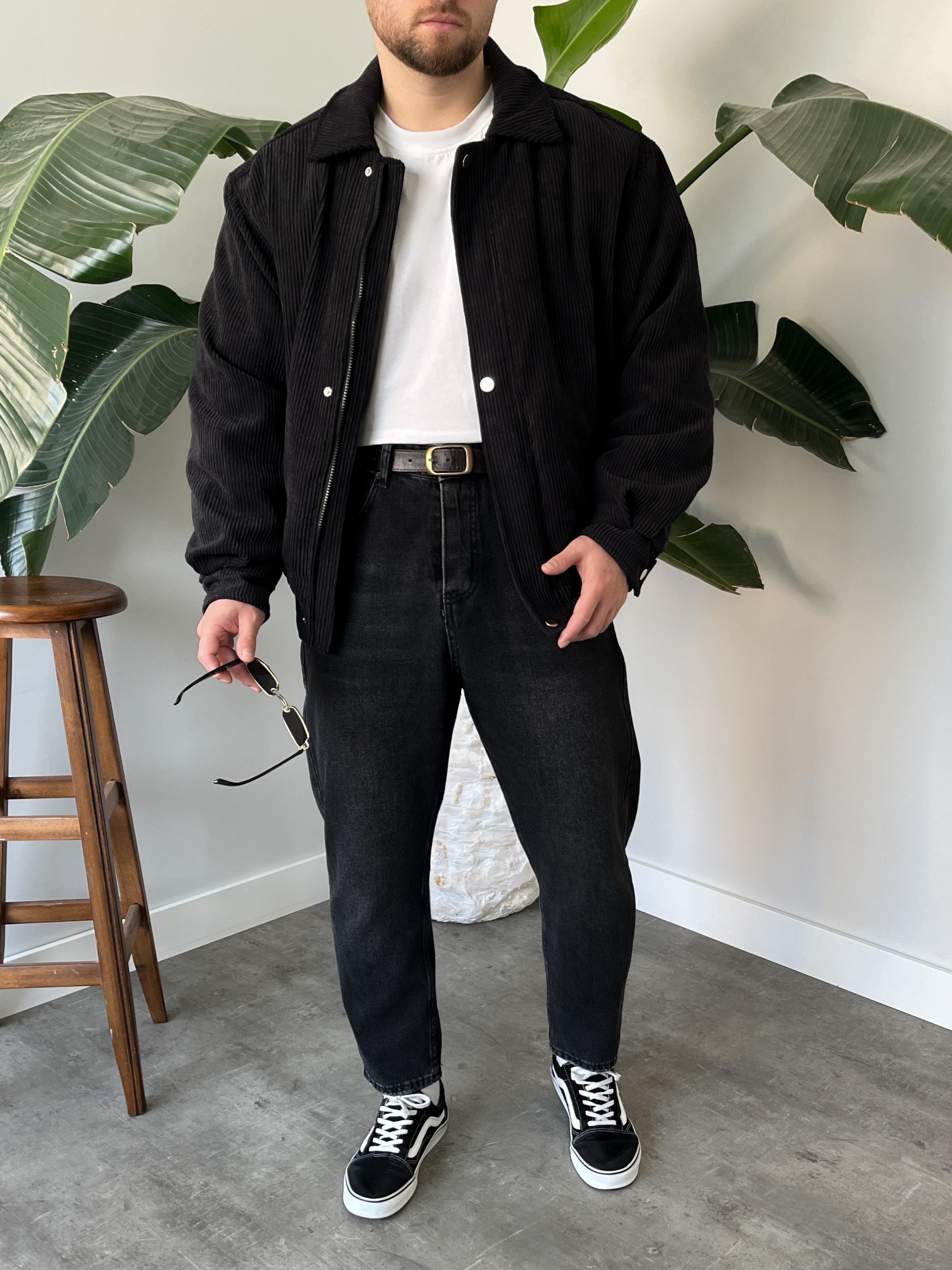 Siyah Fitilli Kadife Bomber Mont