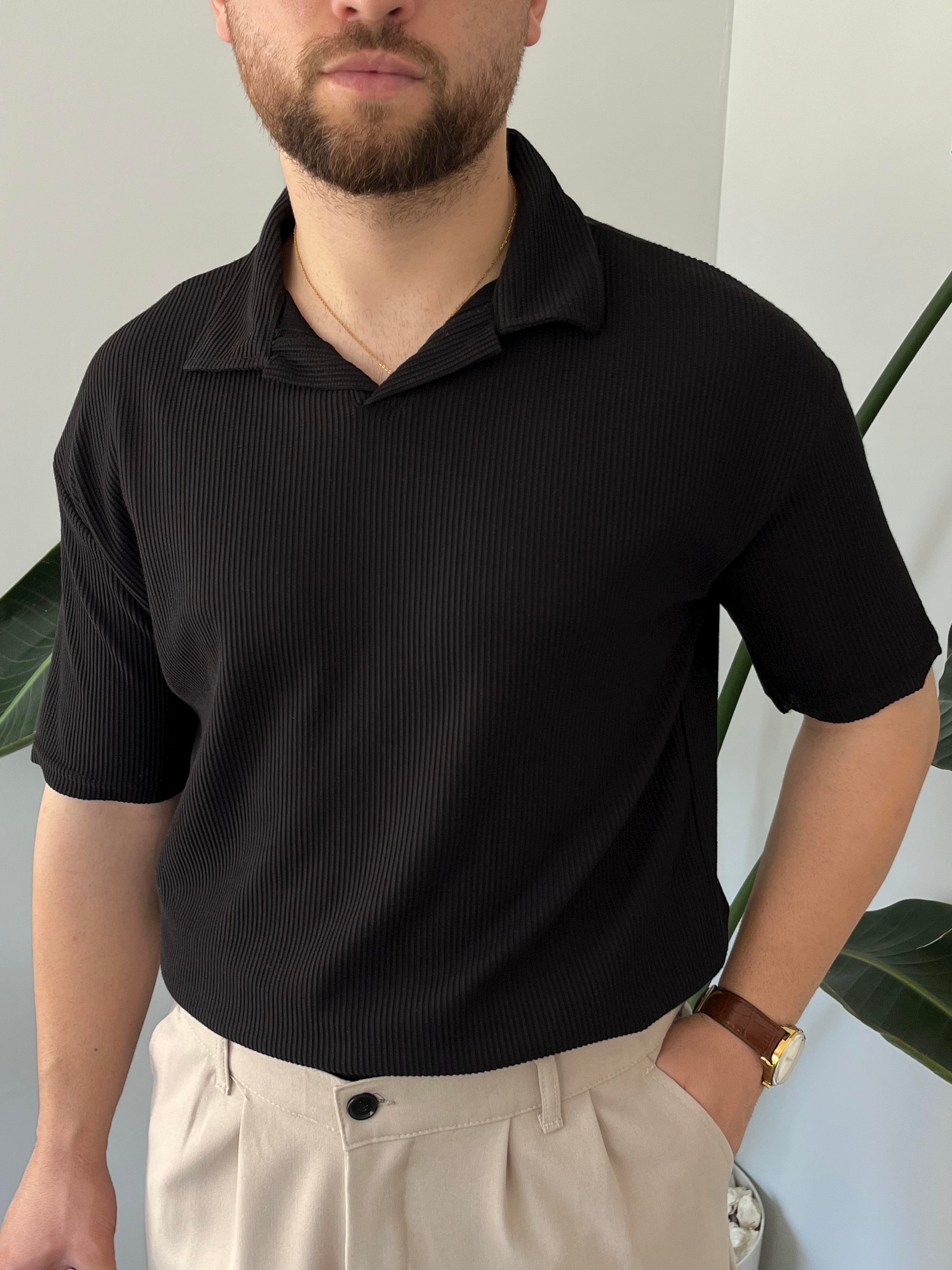 Siyah Fitilli Polo Yaka T-shirt