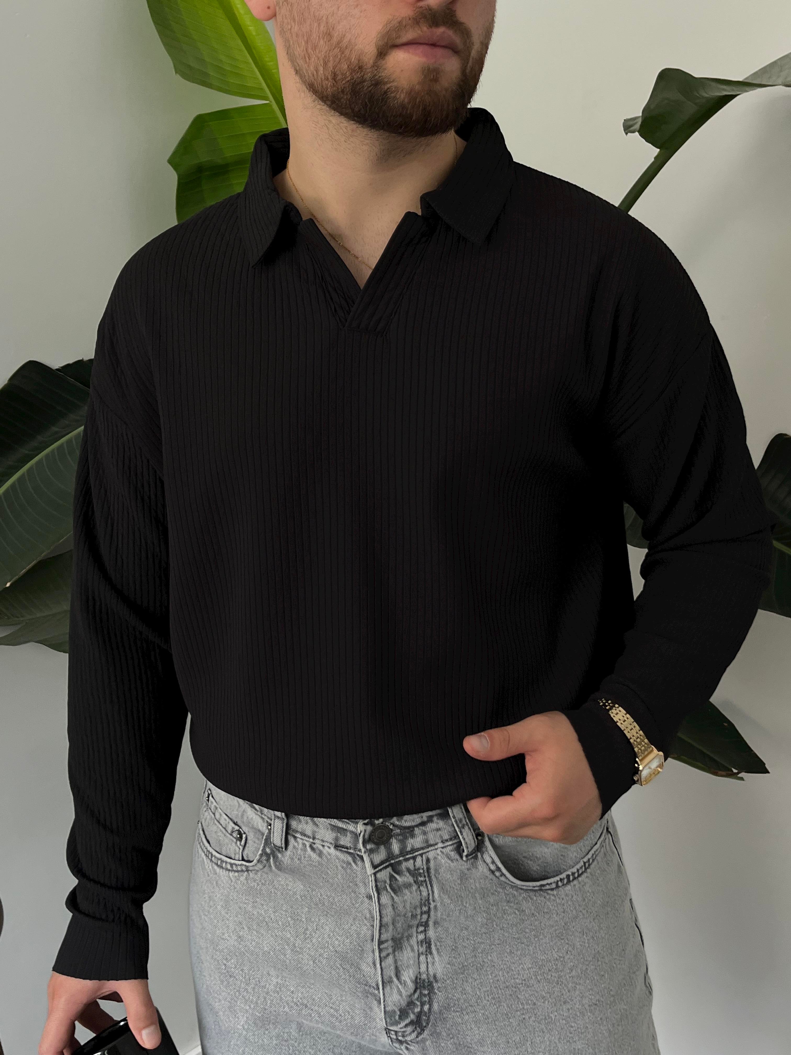 Siyah Fitilli Polo Yaka Triko Sweat