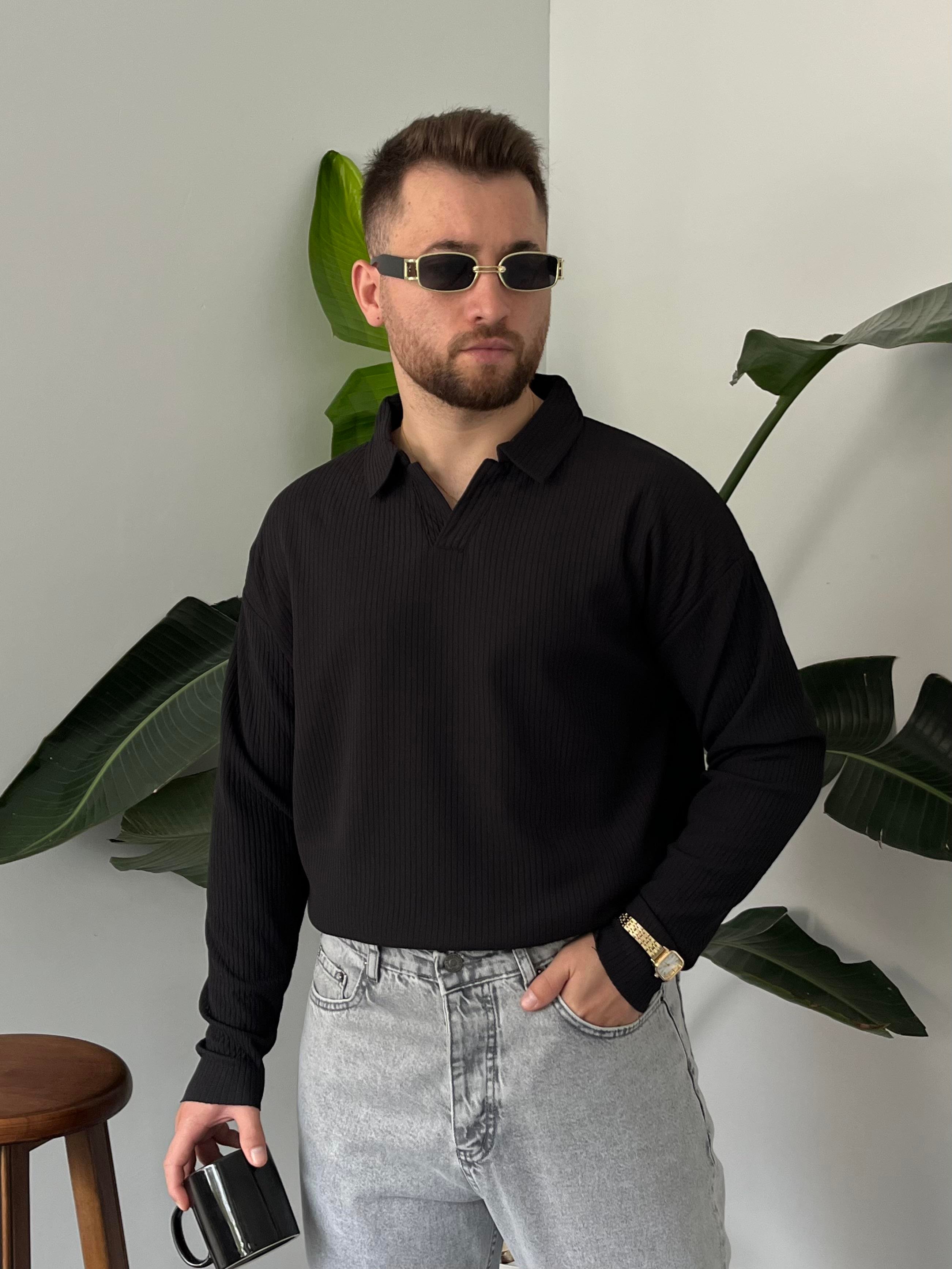 Siyah Fitilli Polo Yaka Triko Sweat