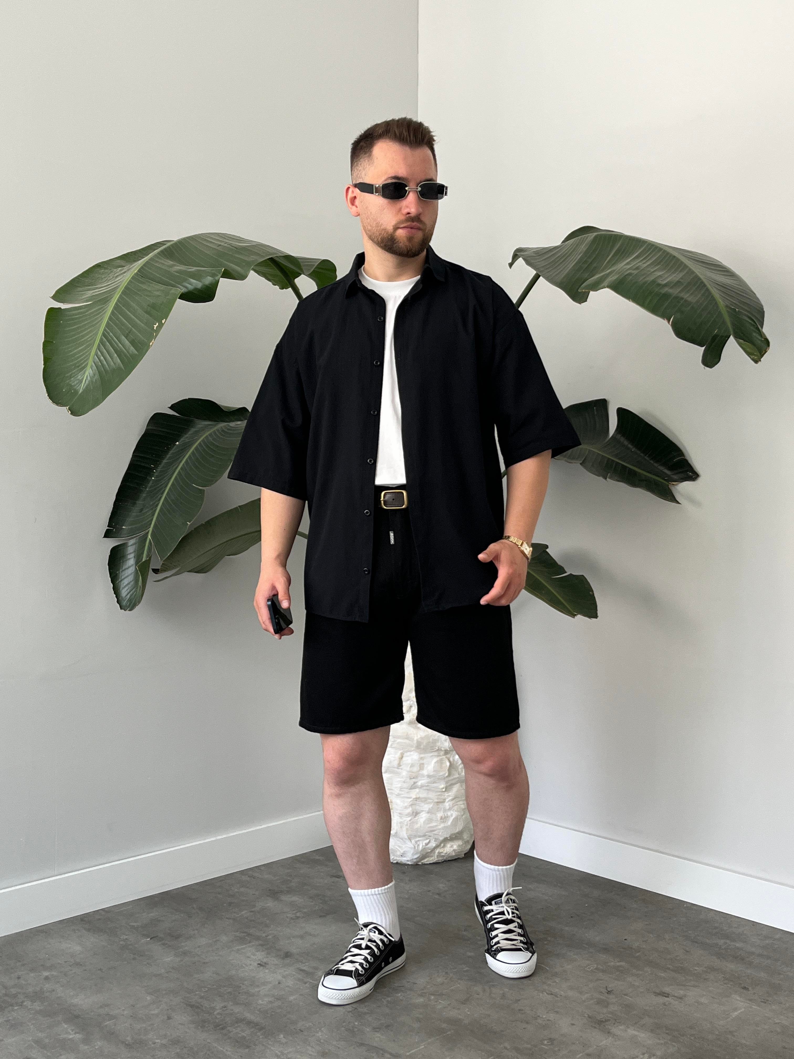 Siyah Fresh Keten Oversize Gömlek