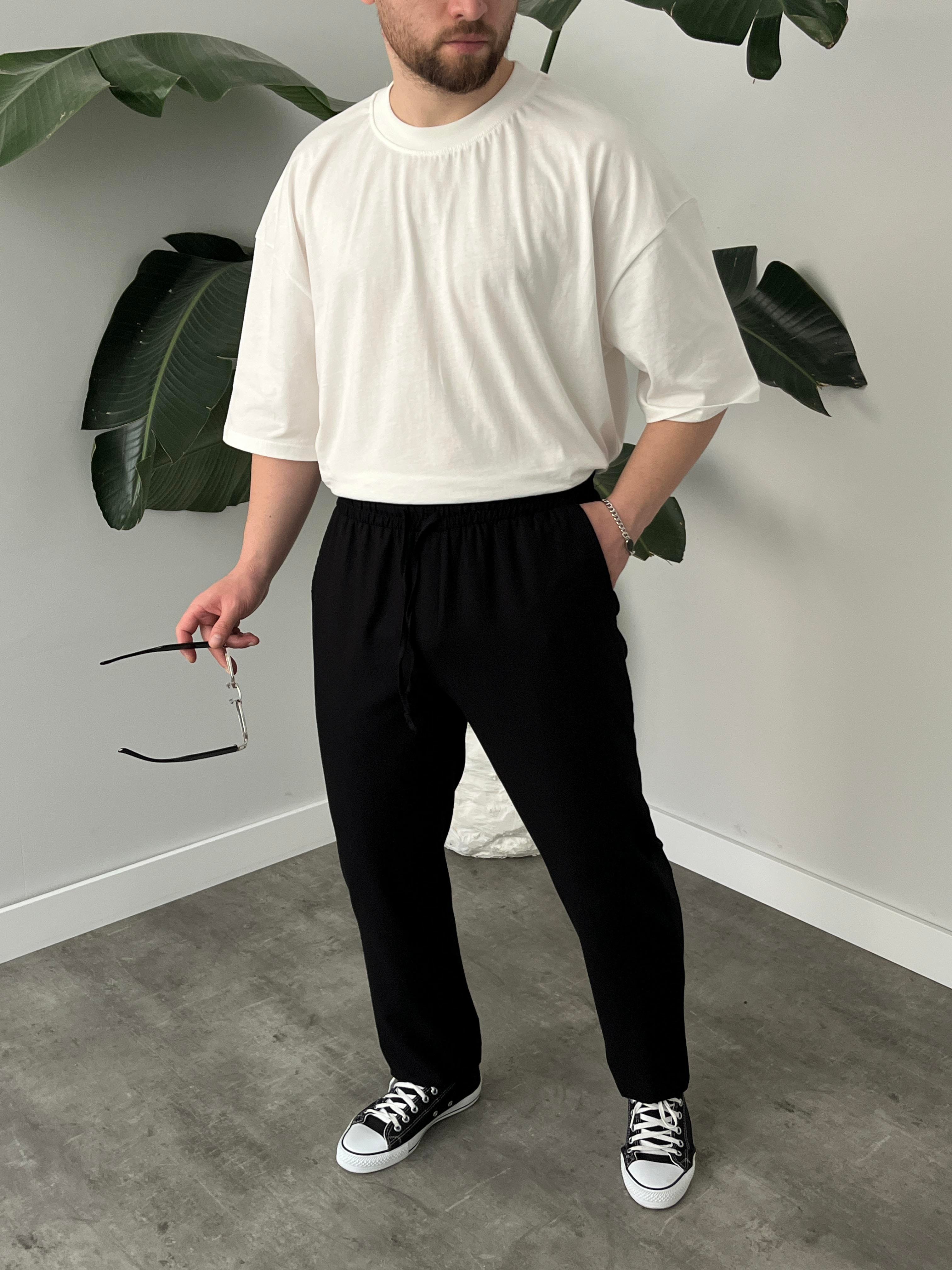 Siyah Gabardin Keten Baggy Pantolon