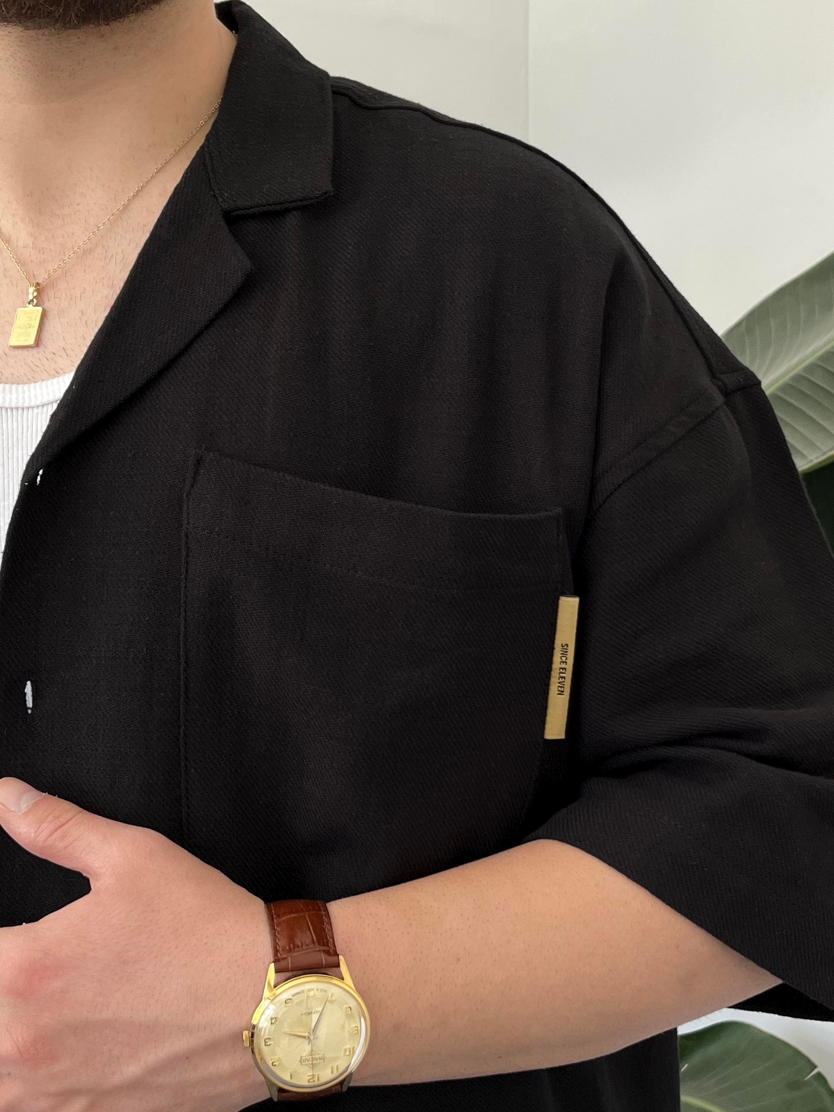 Siyah Gabardin Oversize Gömlek
