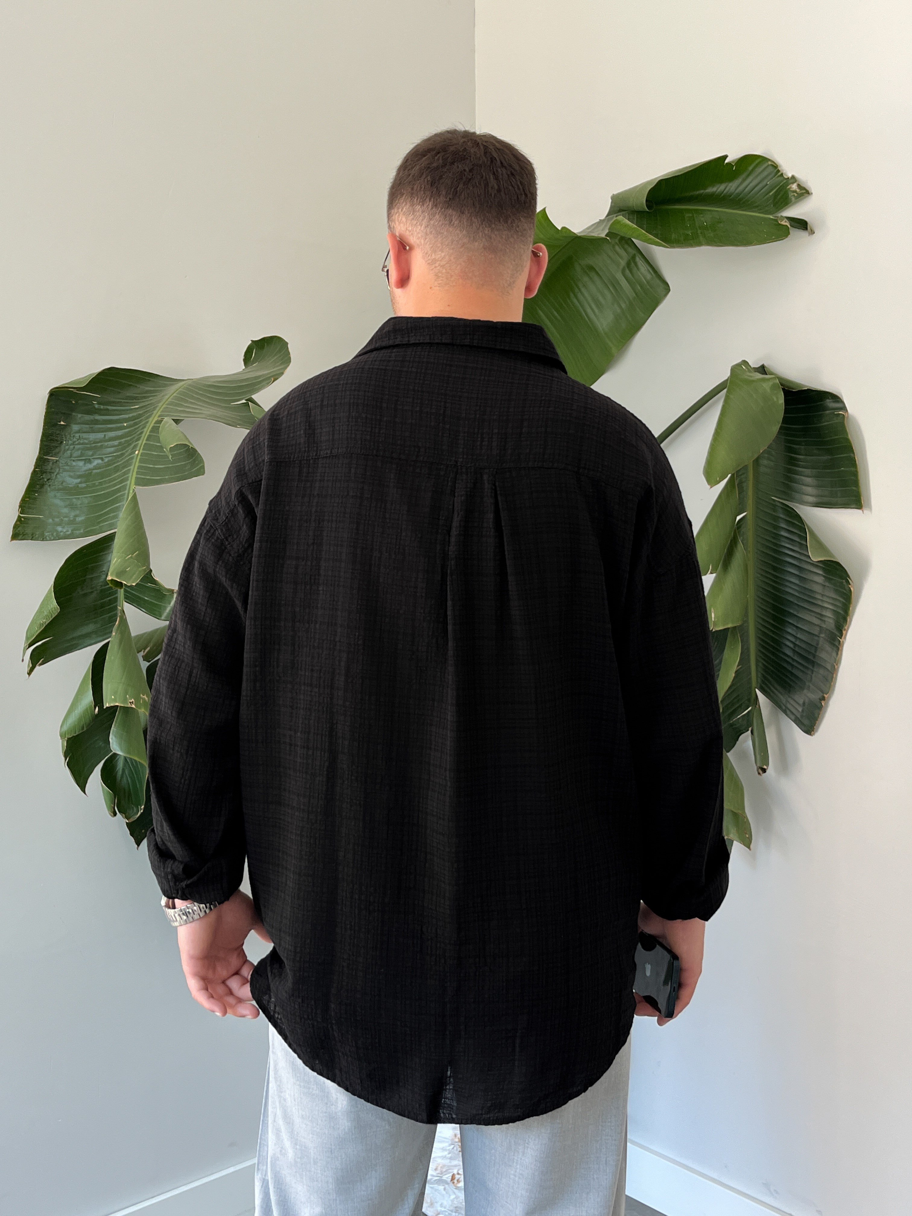 Siyah Gofre Keten Oversize Gömlek