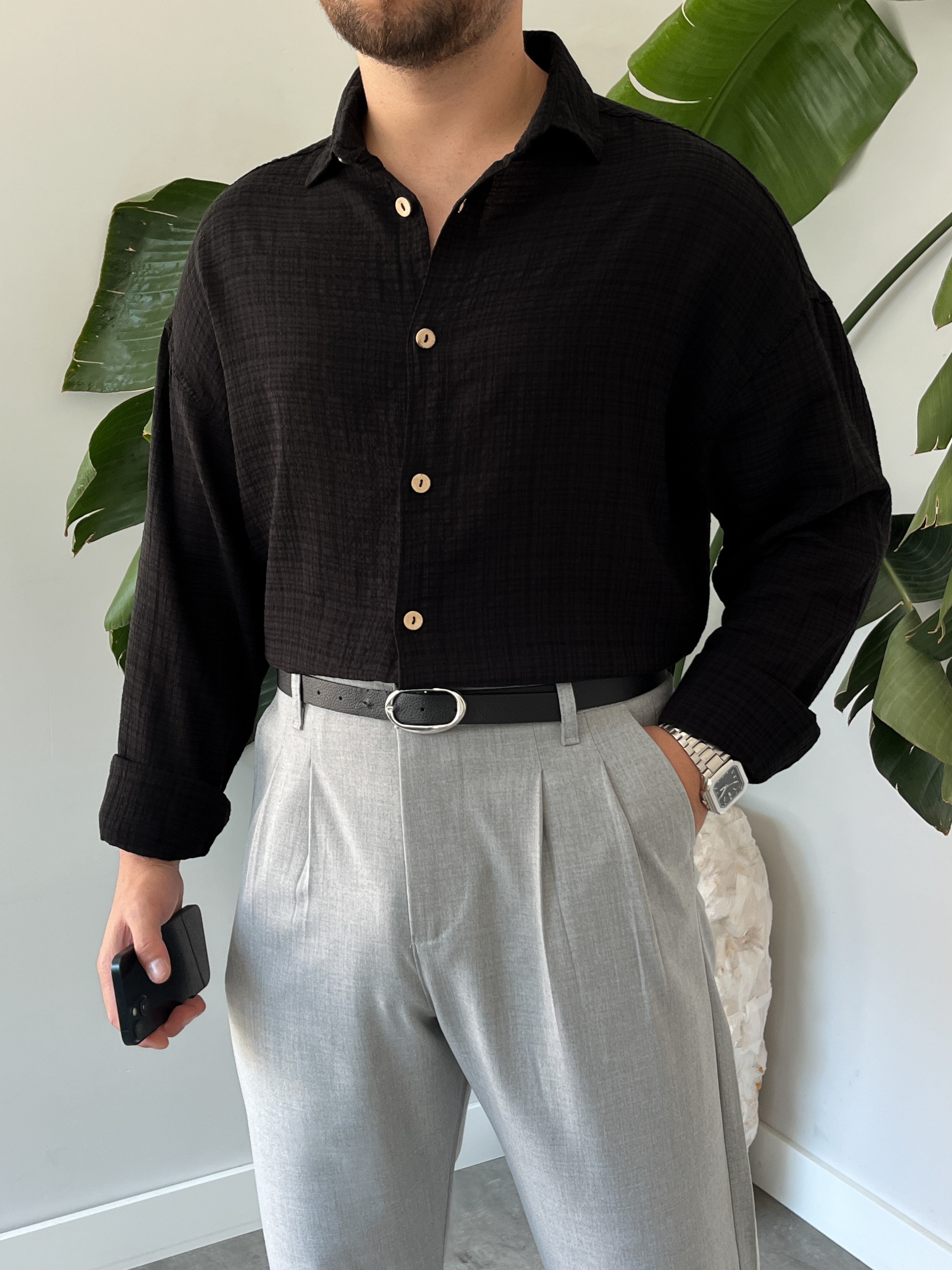 Siyah Gofre Keten Oversize Gömlek
