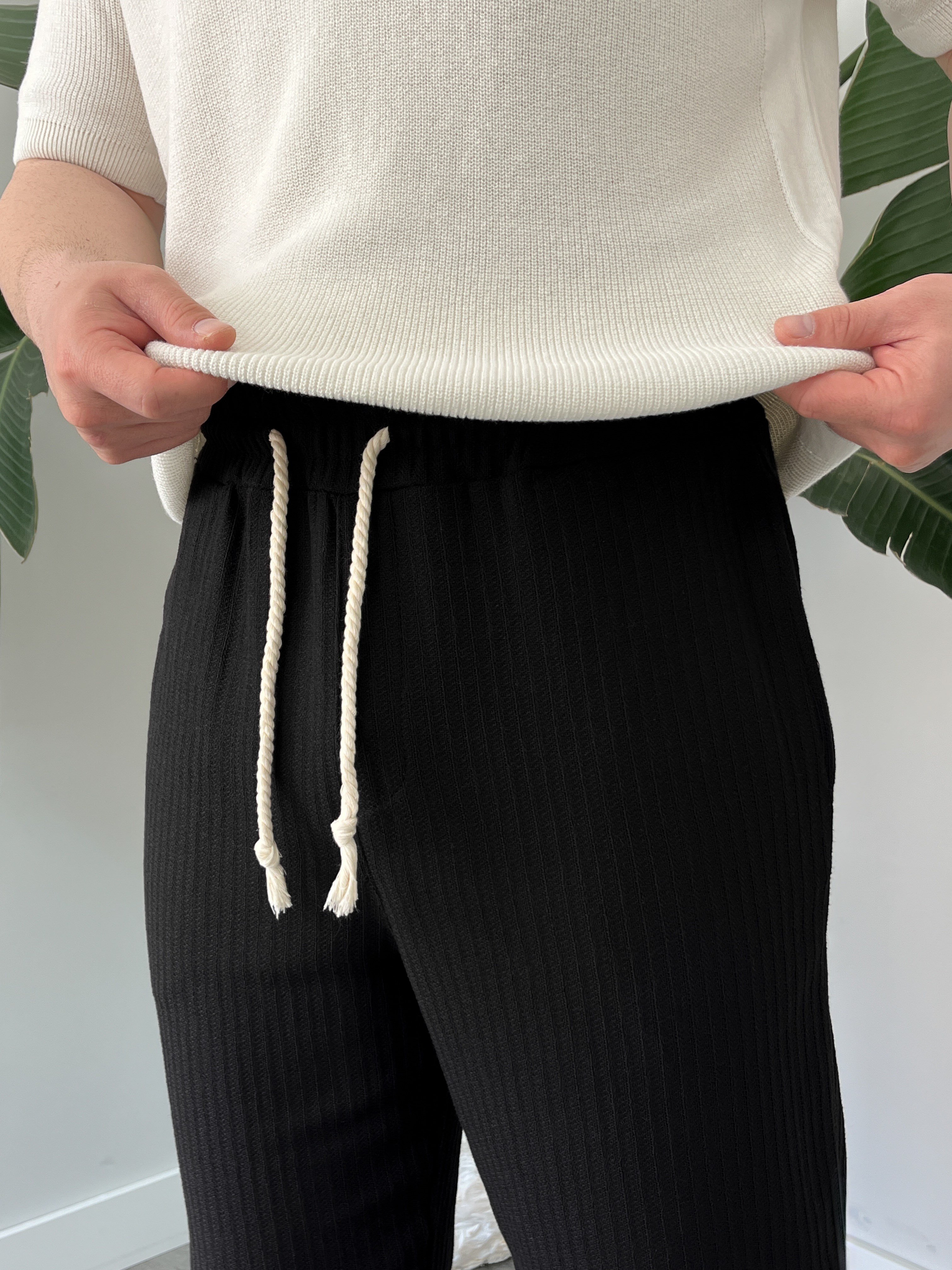 Siyah Halat Bağcık Detay Desenli Baggy Pantolon