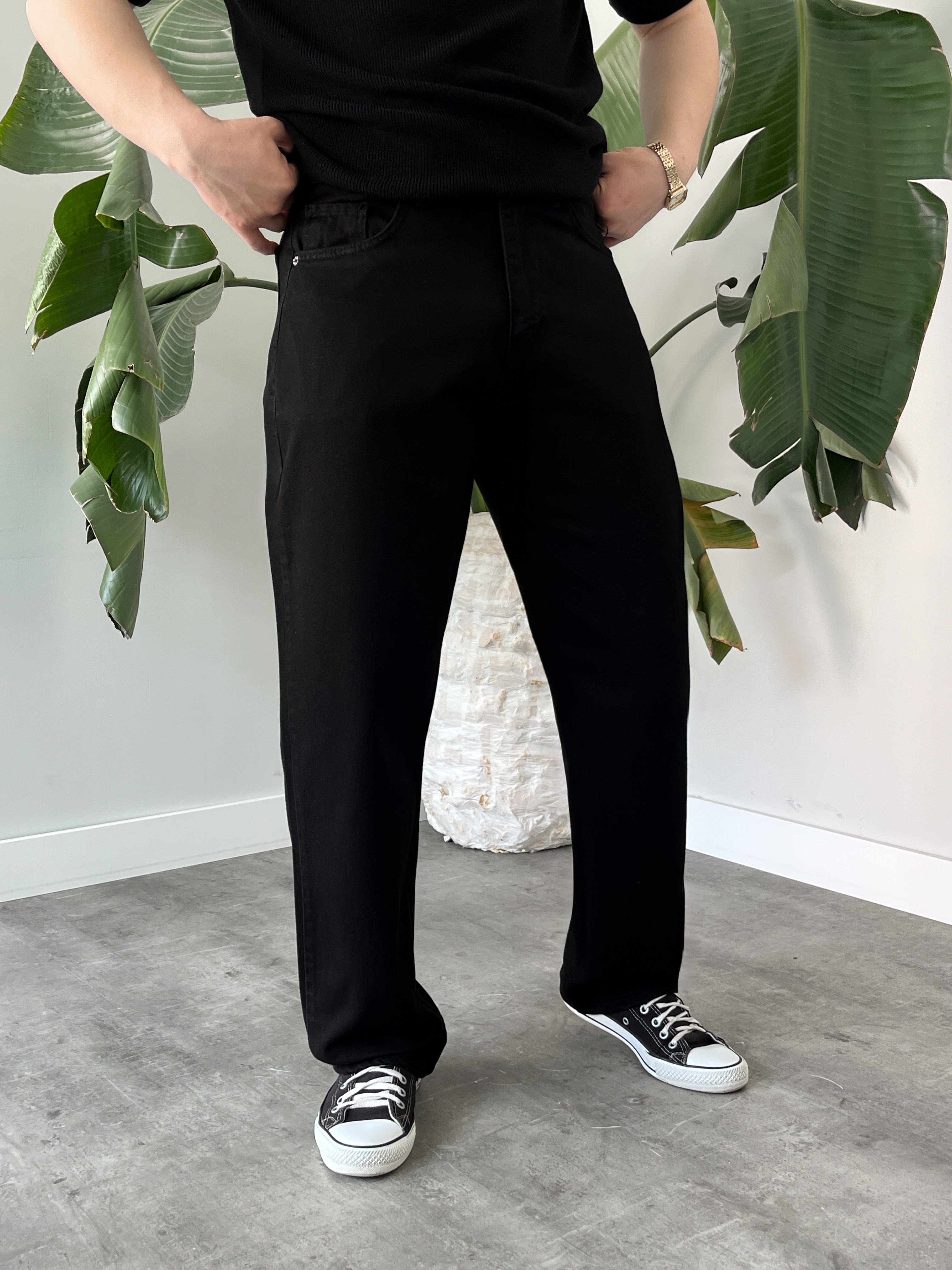 Siyah Kanvas Baggy Jean