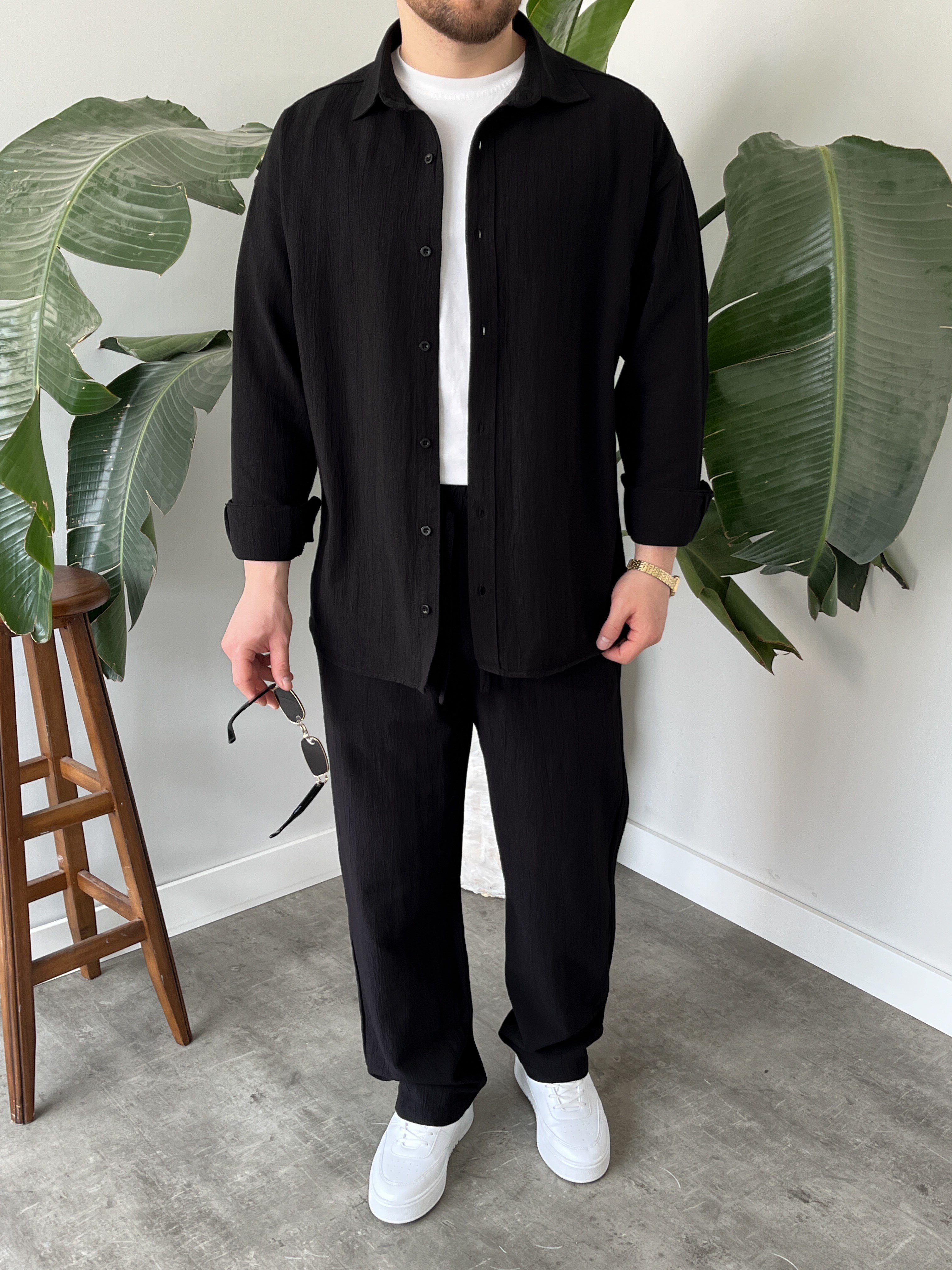 Siyah Krinkıl Keten Oversize Takım