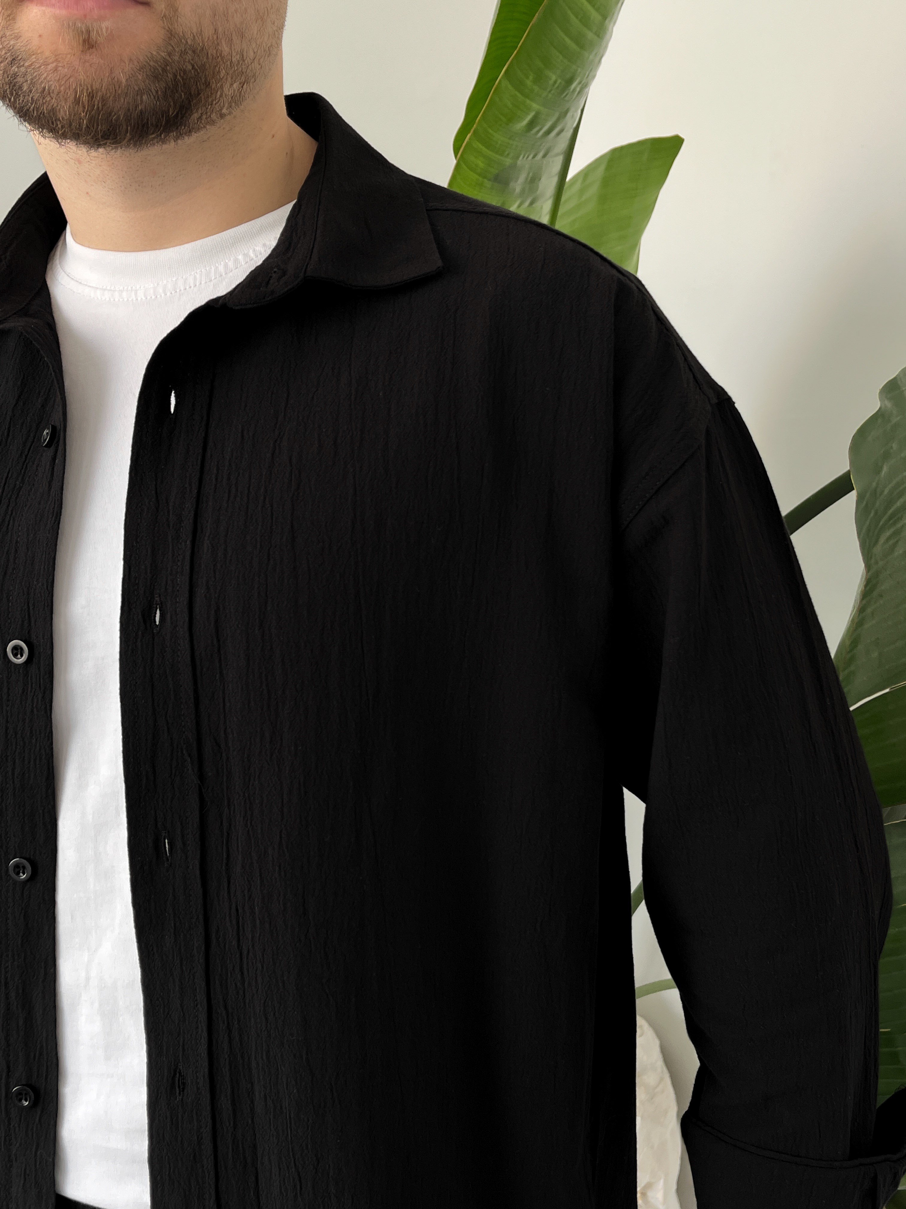 Siyah Krinkıl Keten Oversize Takım