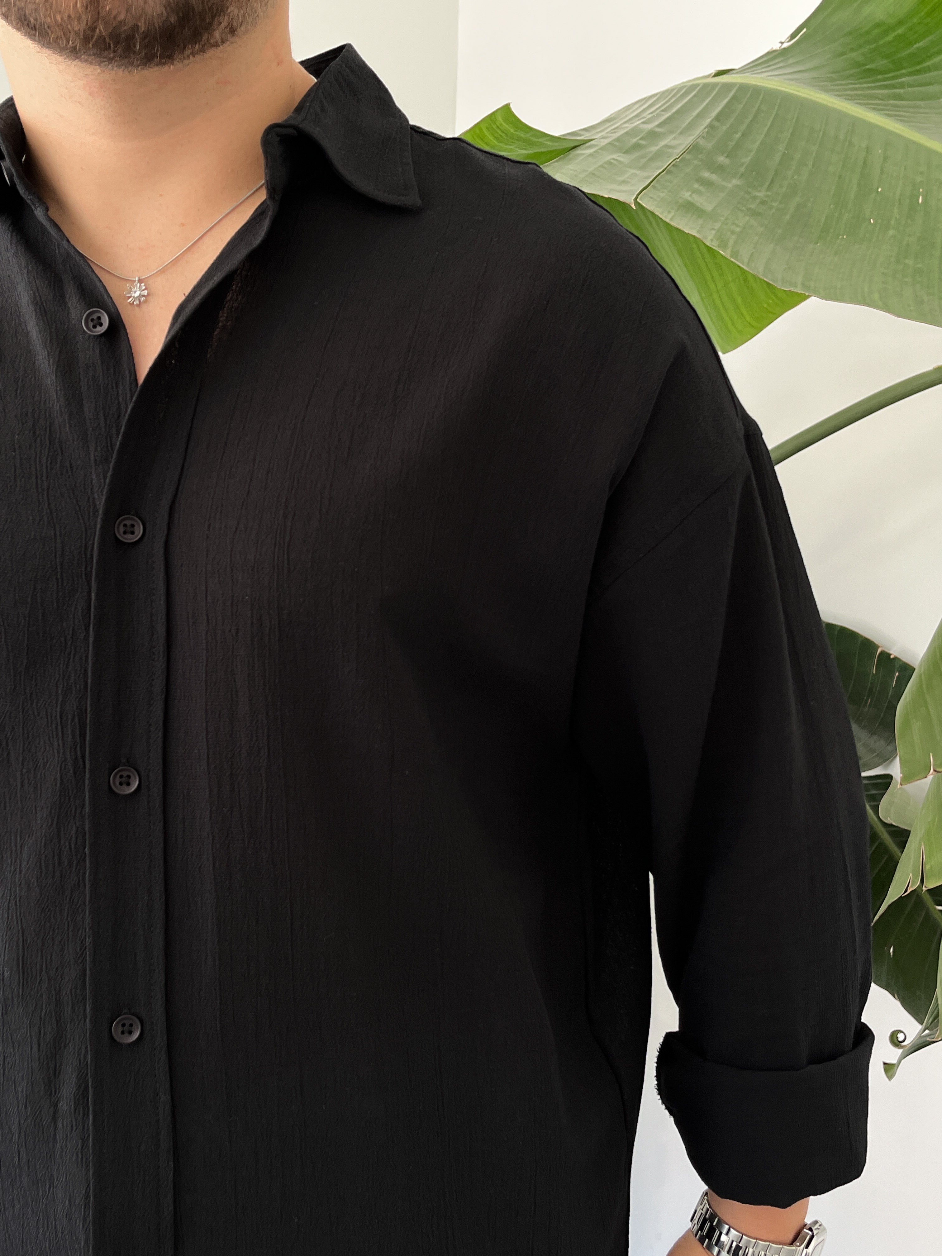 Siyah Krinkıl Oversize Gömlek
