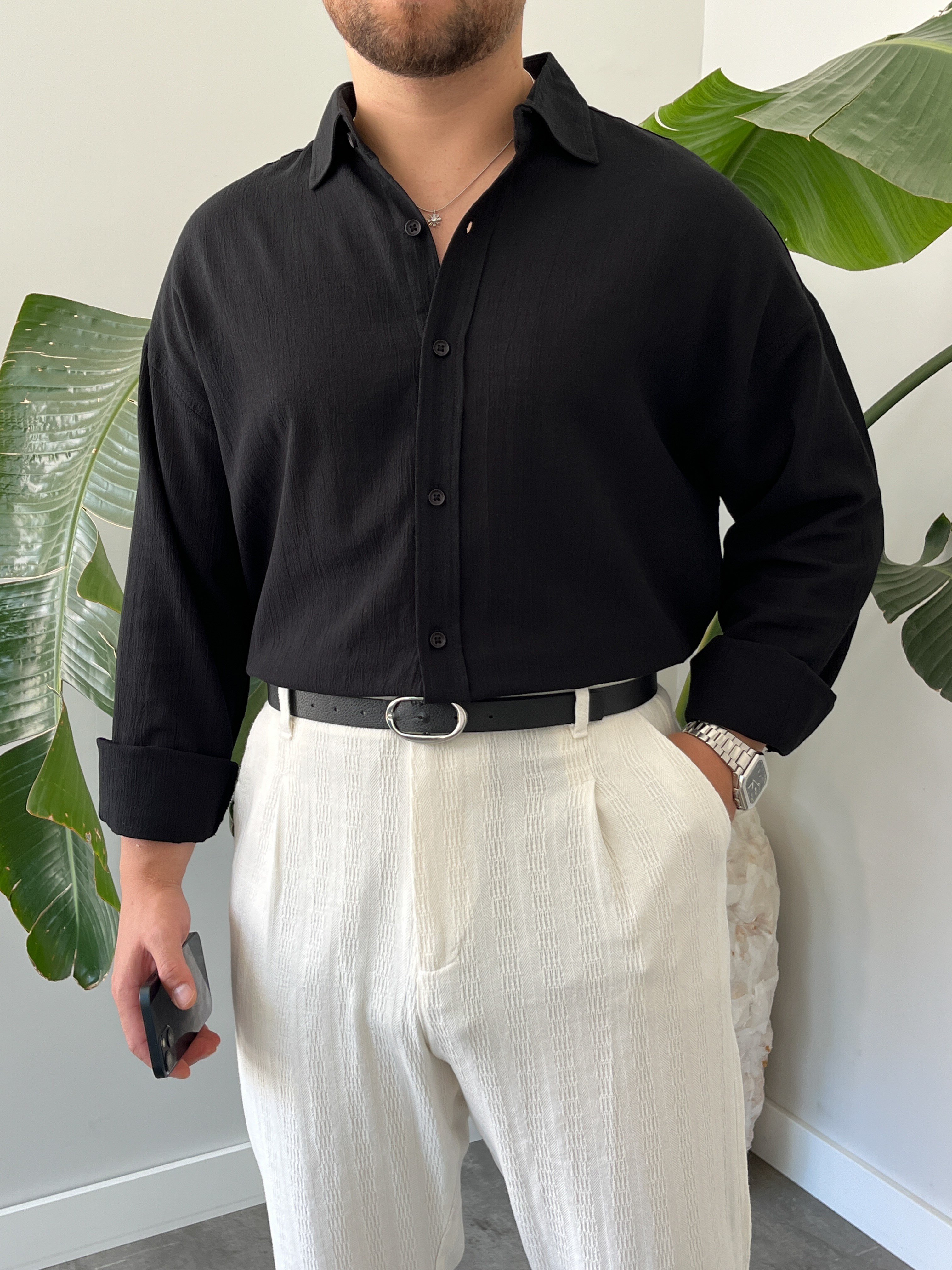 Siyah Krinkıl Oversize Gömlek