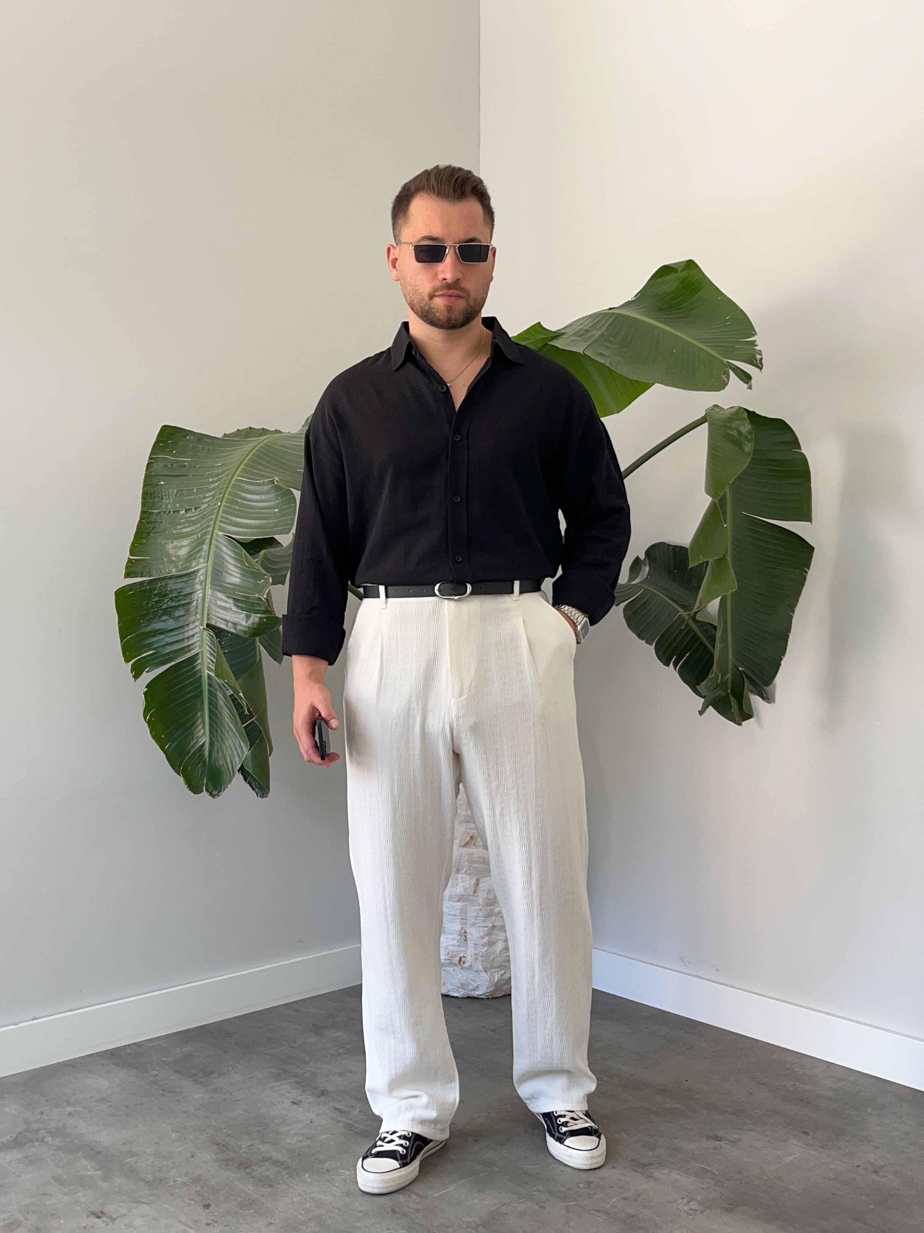 Siyah Krinkıl Oversize Gömlek