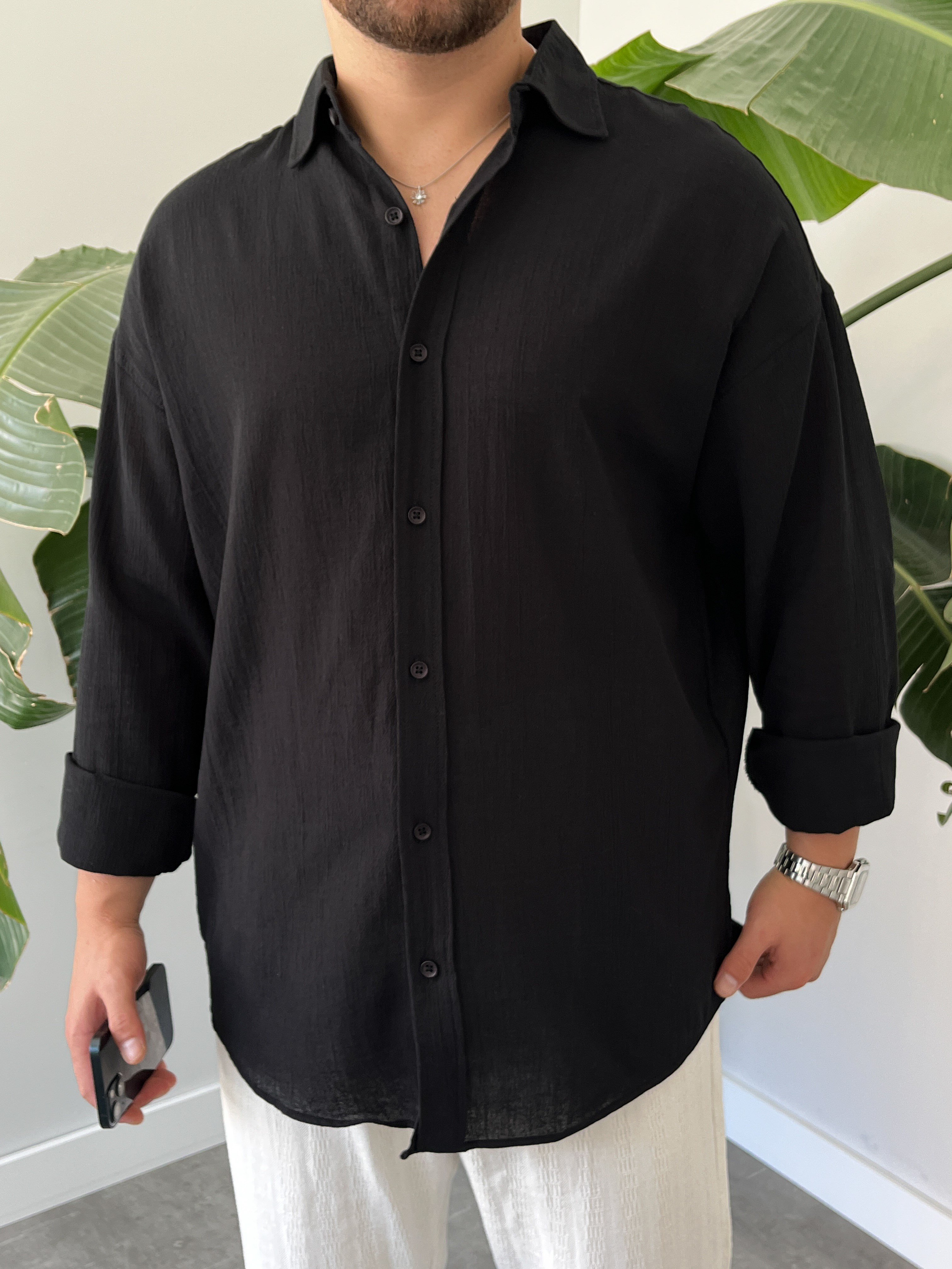Siyah Krinkıl Oversize Gömlek