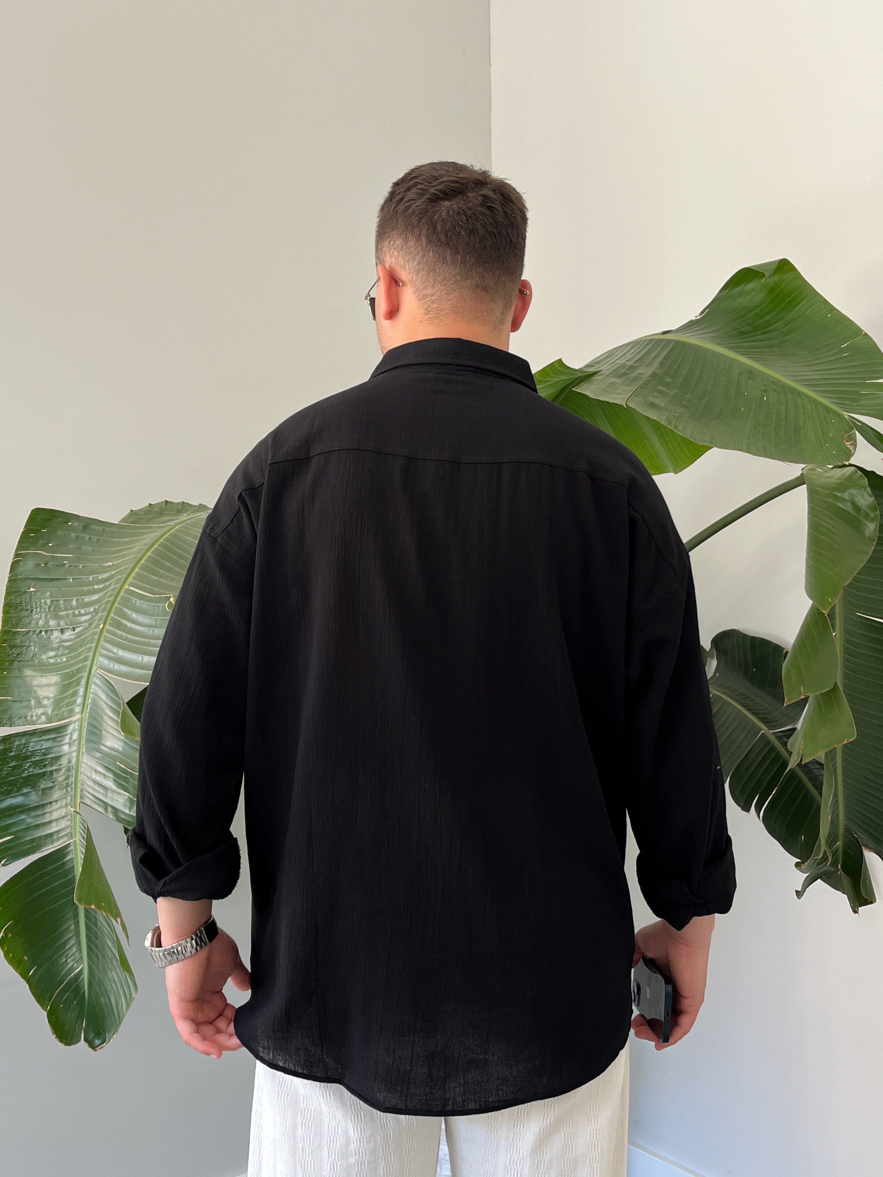 Siyah Krinkıl Oversize Gömlek