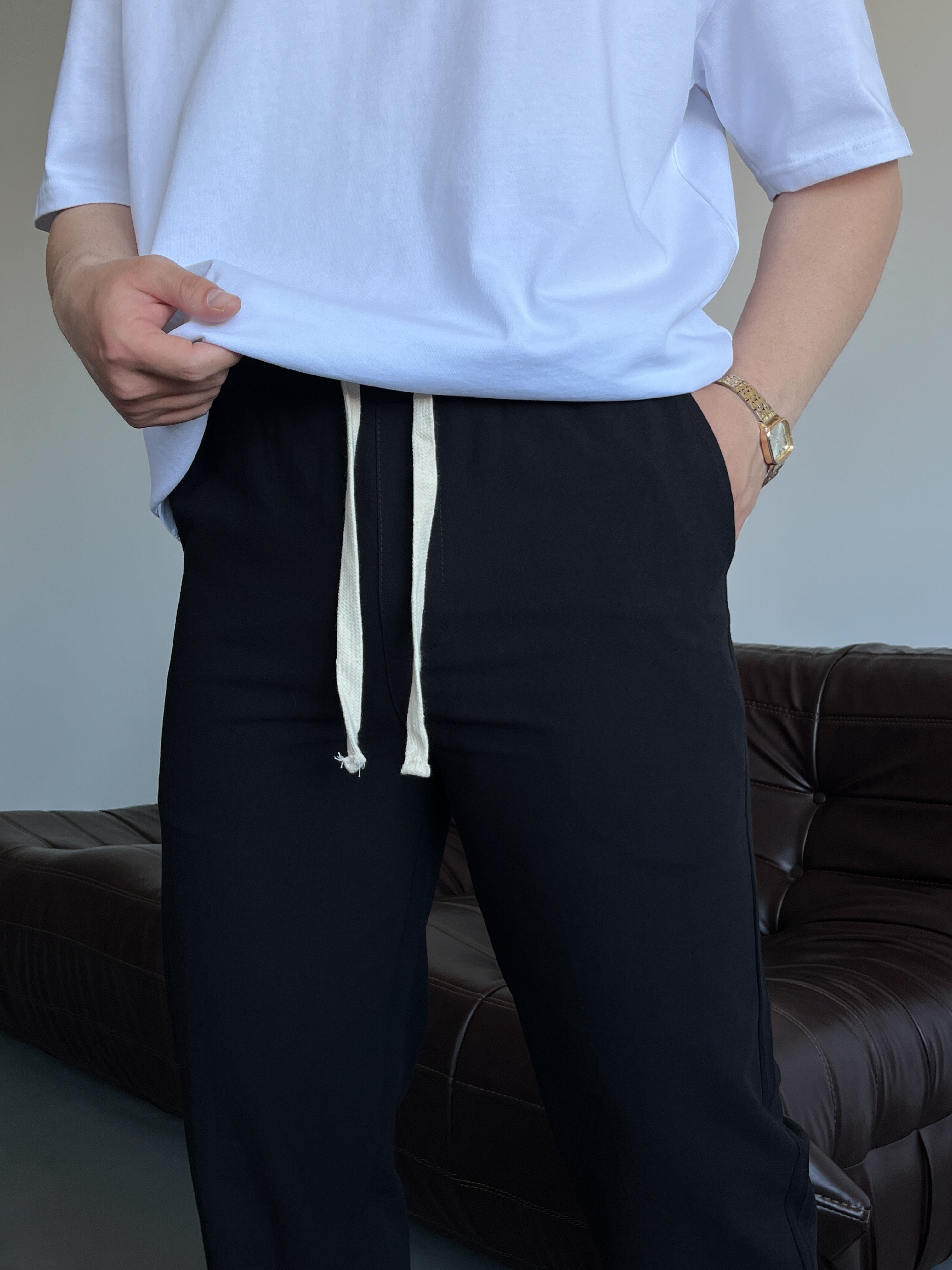 Siyah Lizalı Pamuk Keten Baggy Pantolon