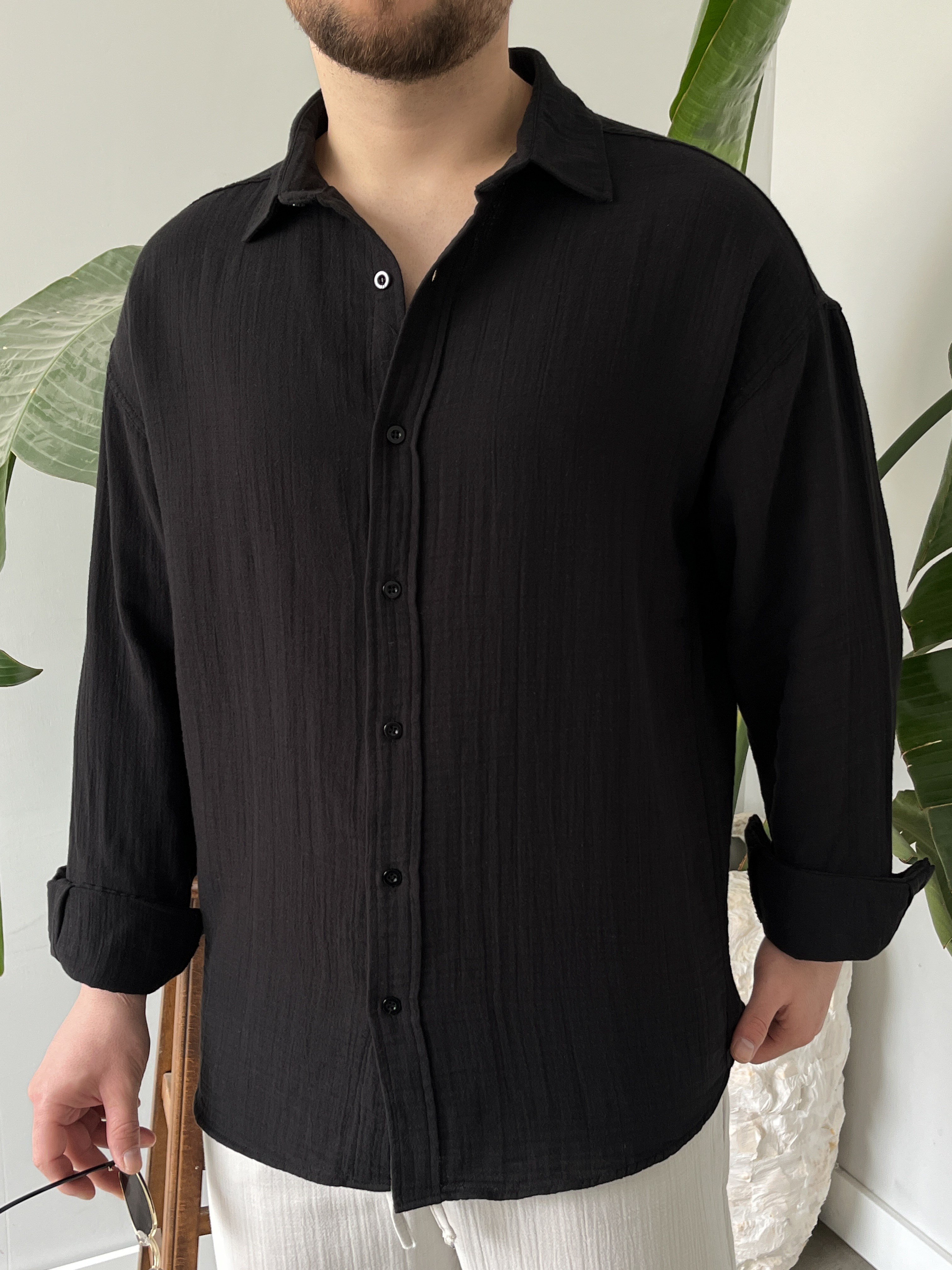 Siyah Müslin Dokulu Oversize Gömlek