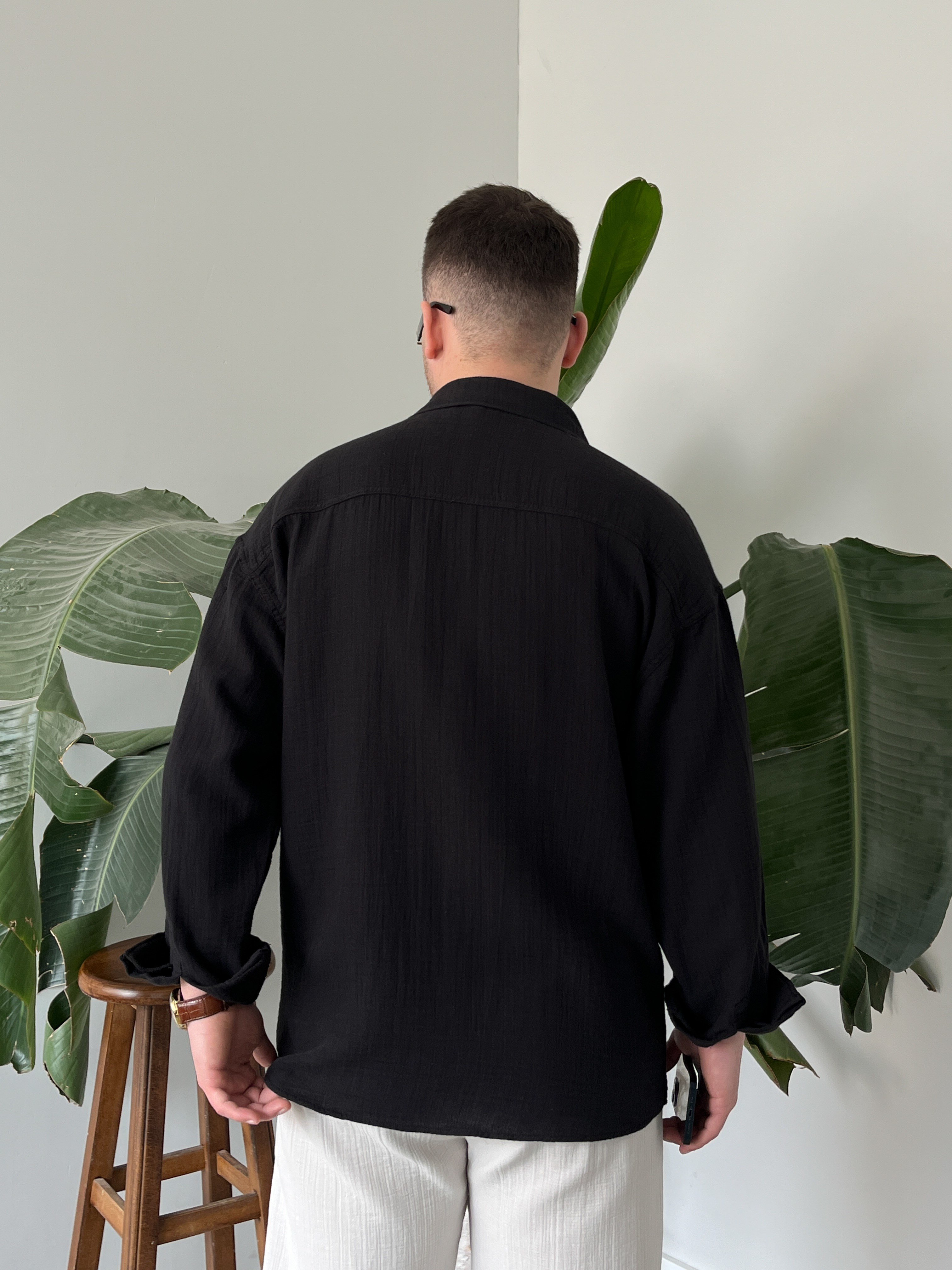 Siyah Müslin Dokulu Oversize Gömlek