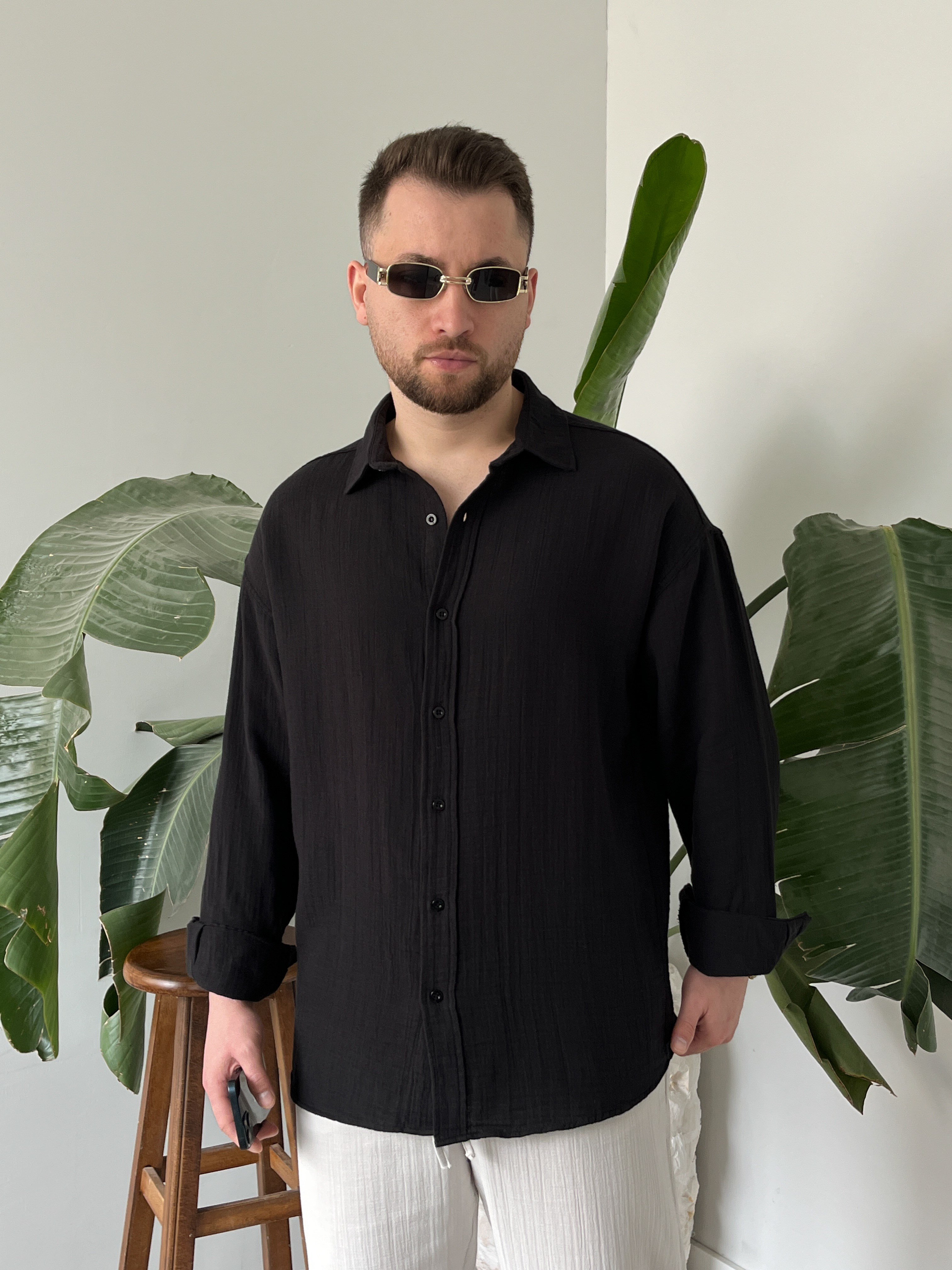 Siyah Müslin Dokulu Oversize Gömlek