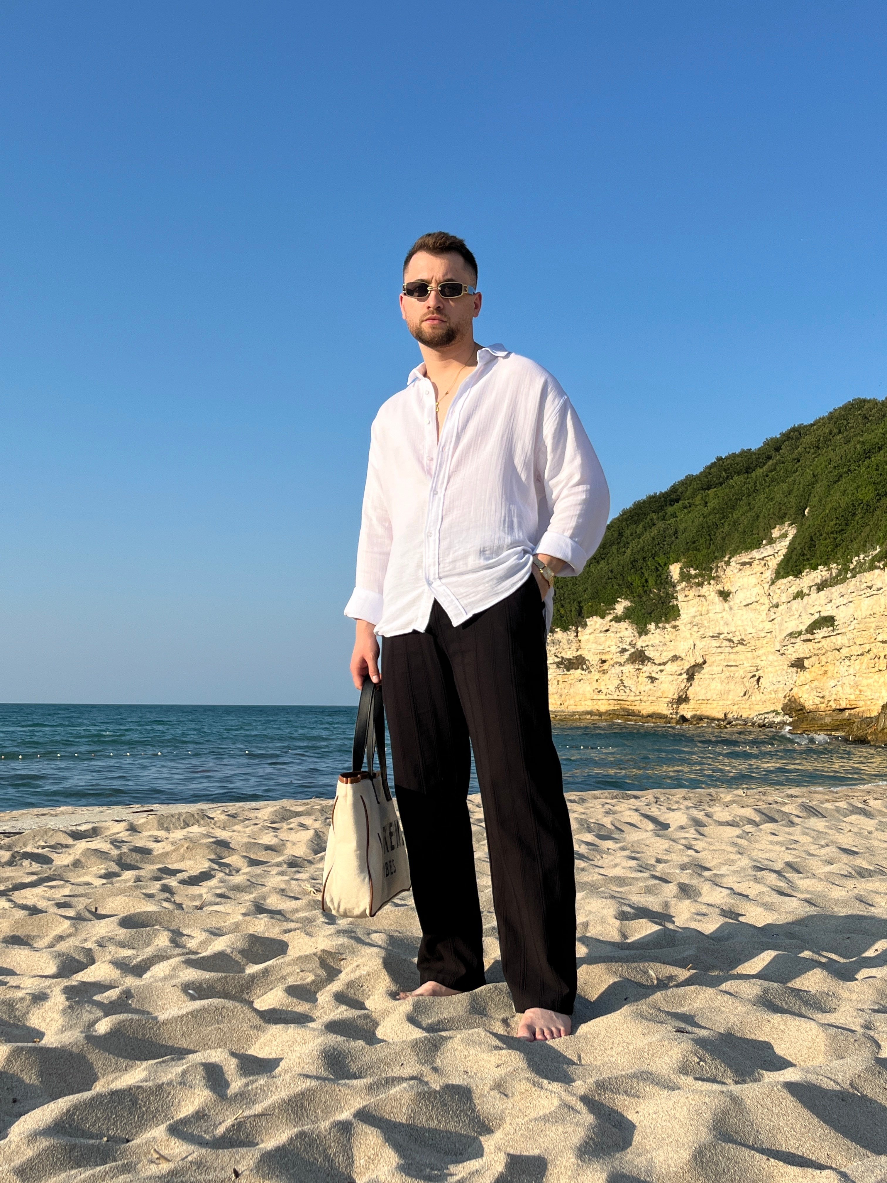Siyah Örgü Desen Keten Baggy Pantolon