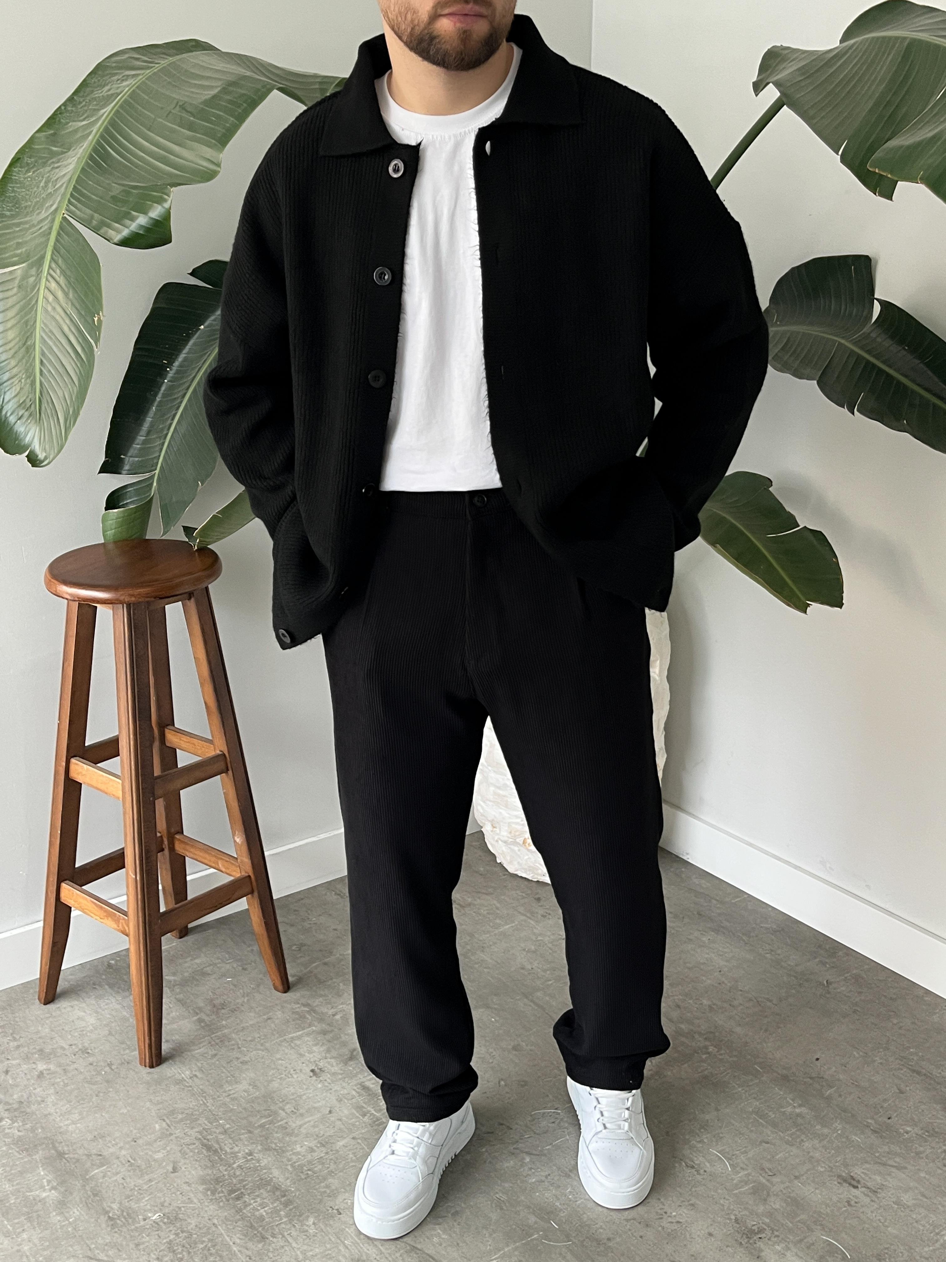 Siyah Örme Düğmeli Polo Yaka Oversize Hırka
