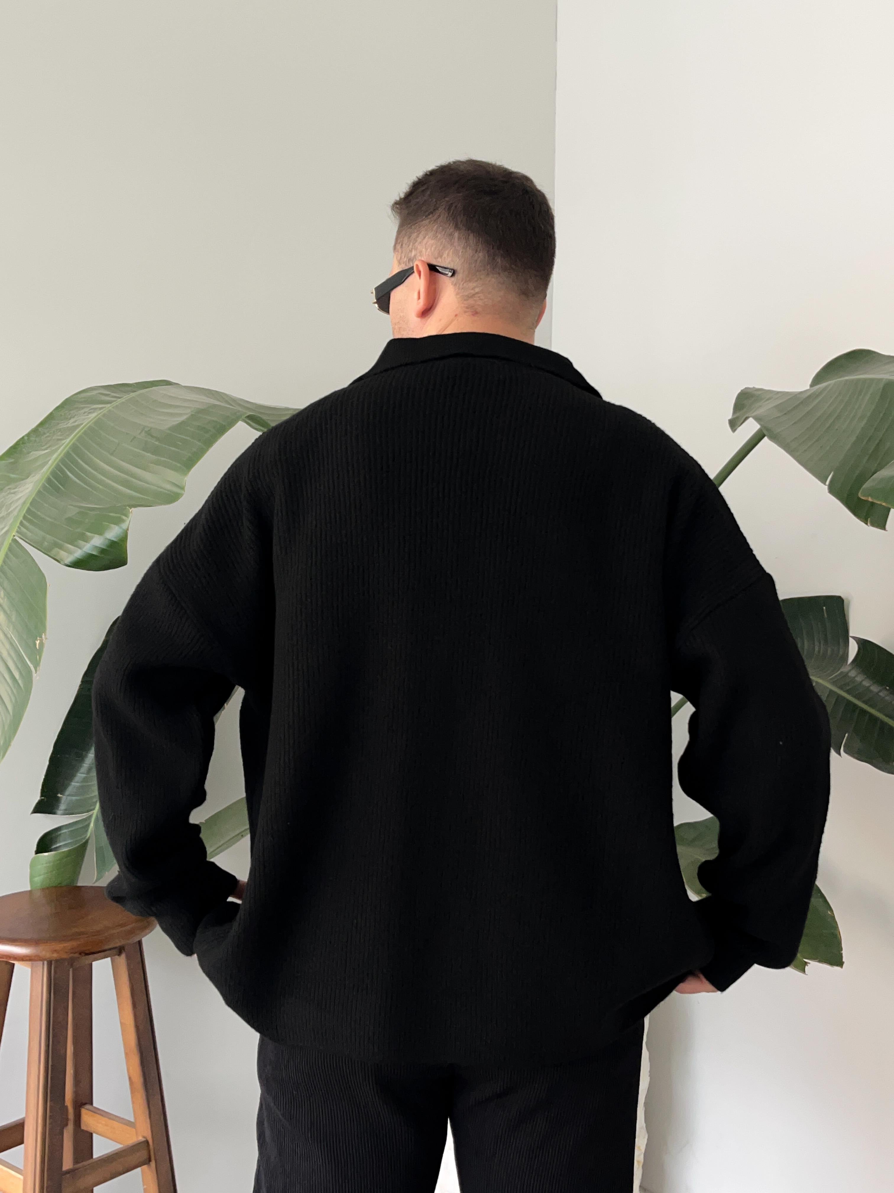 Siyah Örme Düğmeli Polo Yaka Oversize Hırka