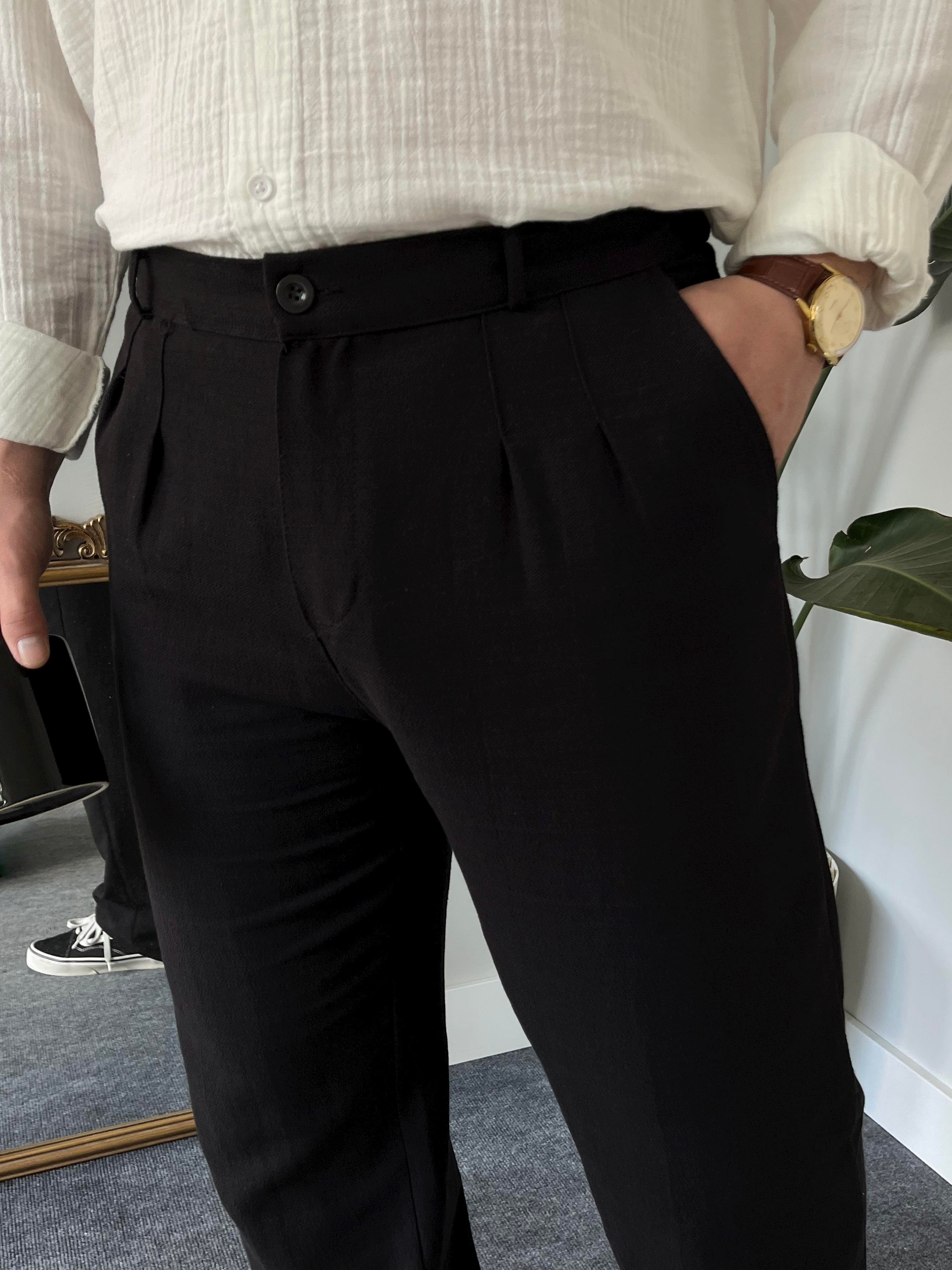 Siyah Pileli Baggy Keten Pantolon