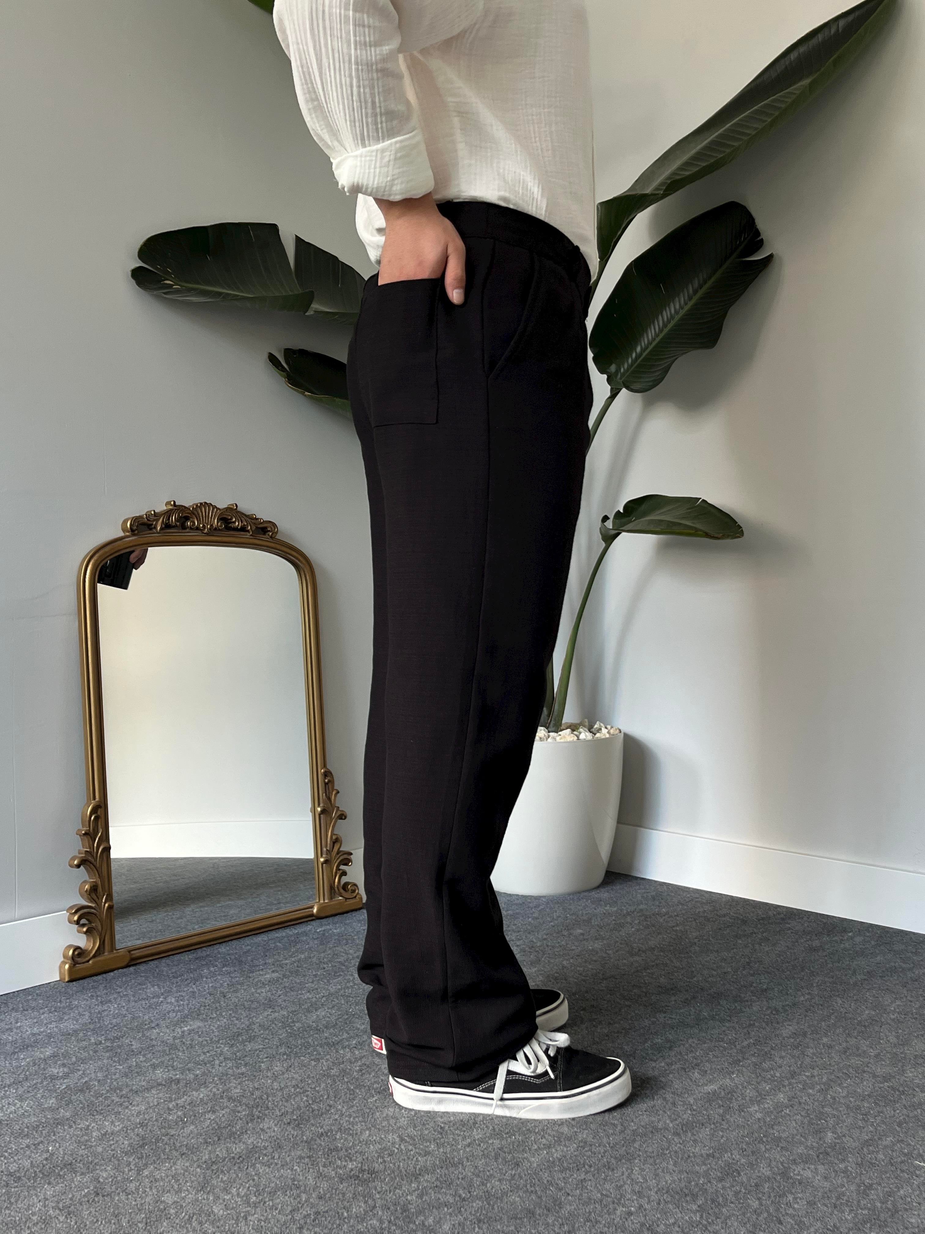 Siyah Pileli Baggy Keten Pantolon