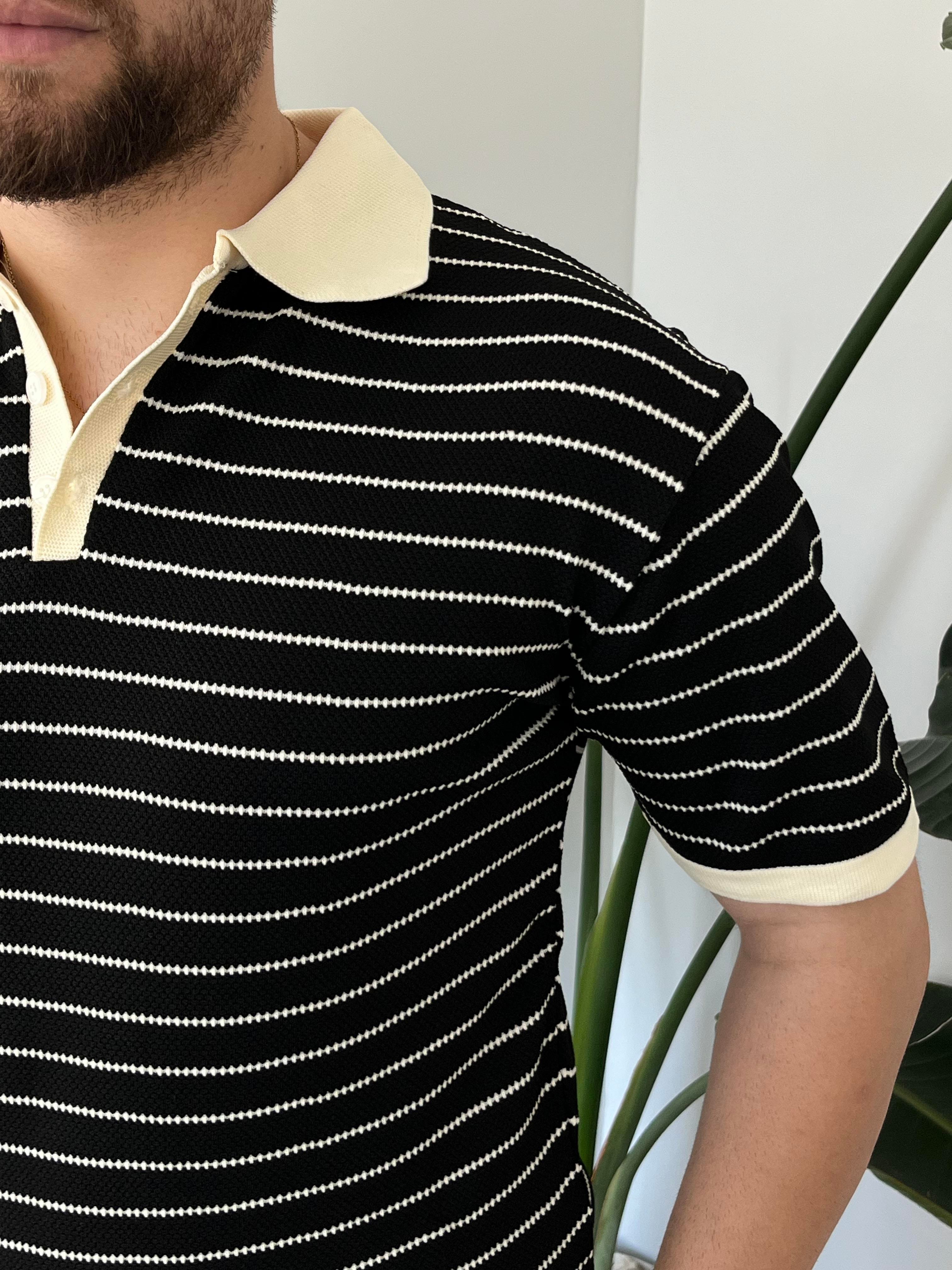Siyah Premium Çizgili Örme Triko T-shirt