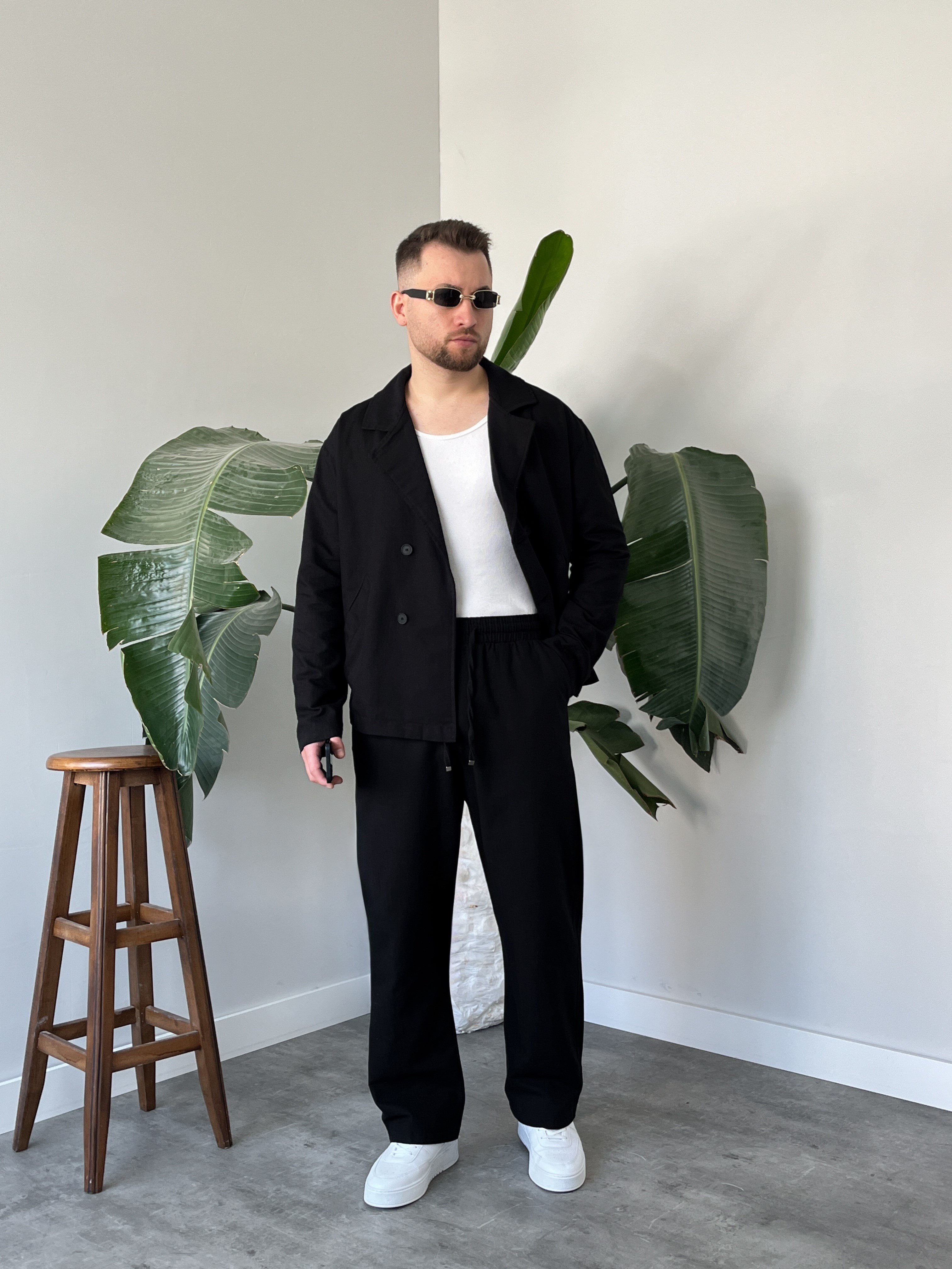 Siyah Premium Keten Oversize Kruvaze Takım