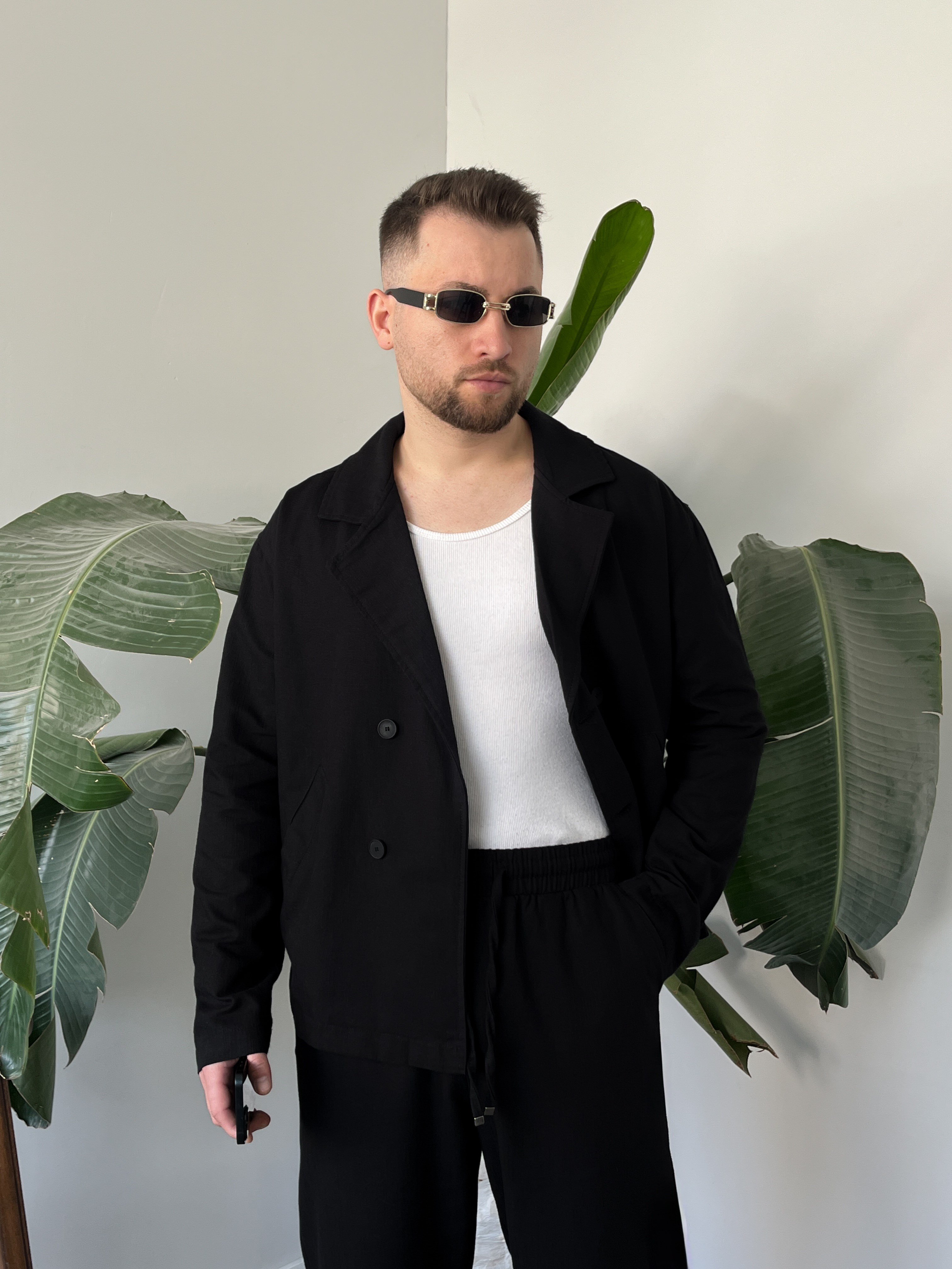 Siyah Premium Keten Oversize Kruvaze Takım