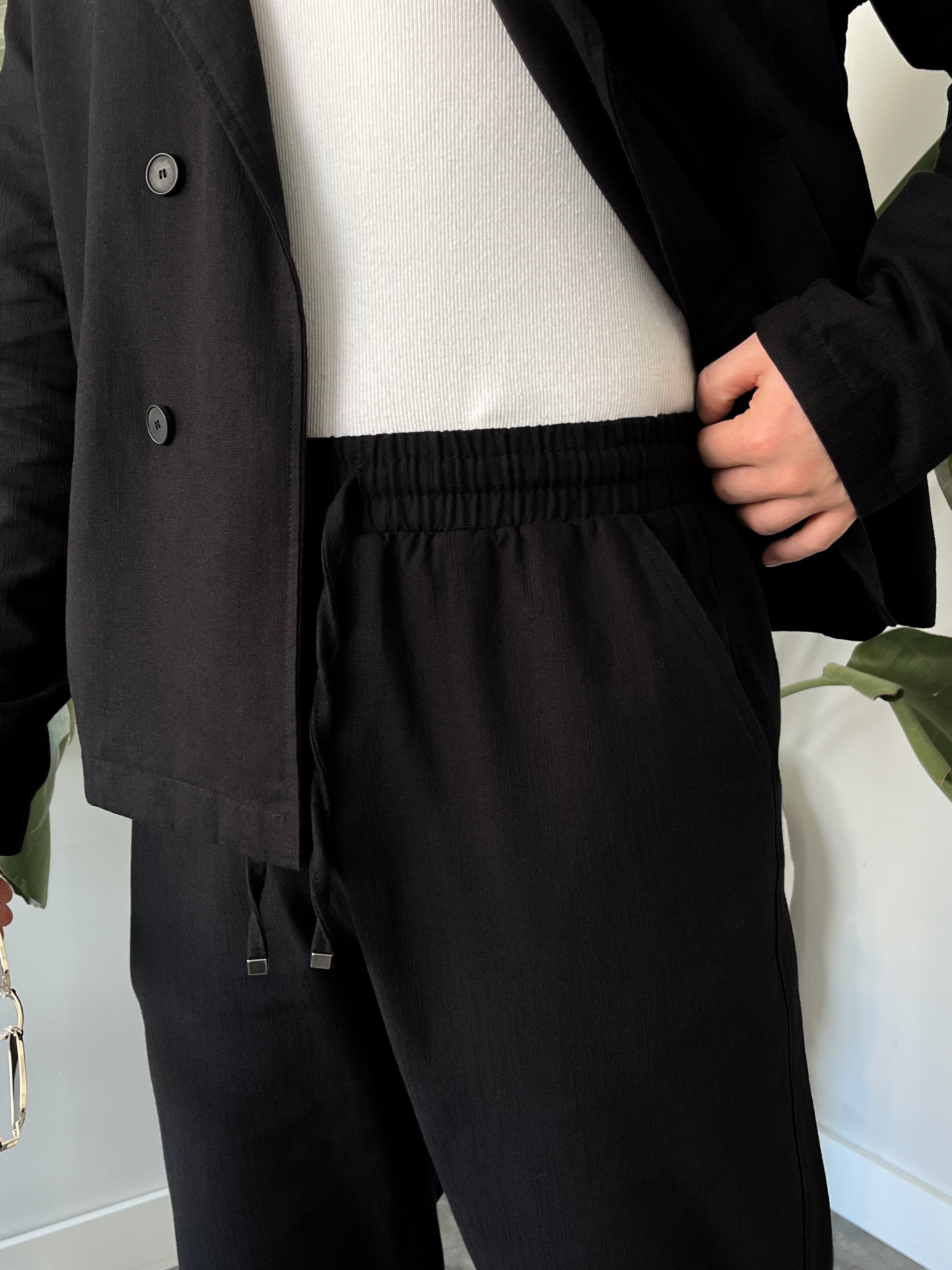 Siyah Premium Keten Oversize Kruvaze Takım