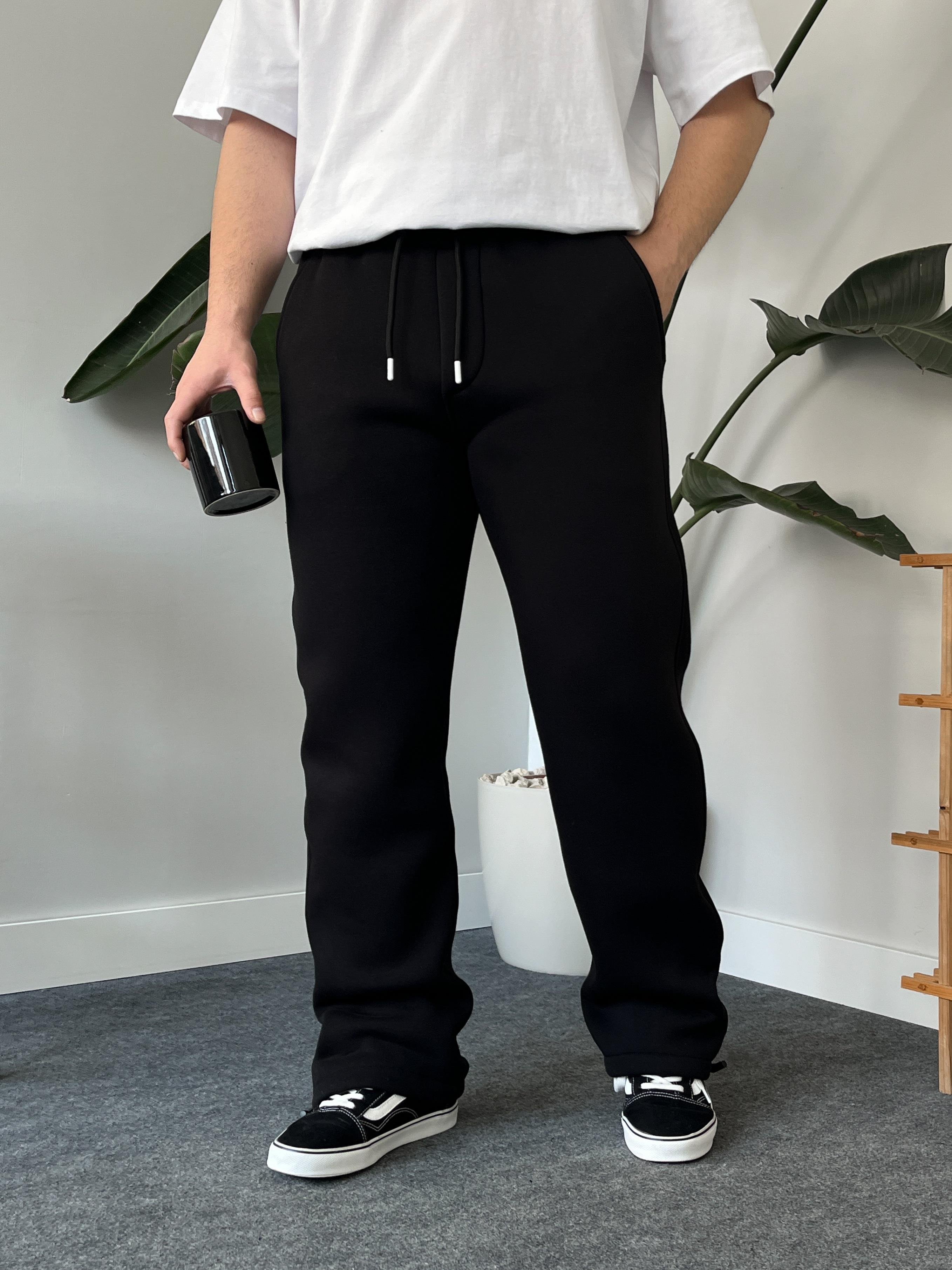 Siyah Stoper Paça Üç İplik Şardonlu Eşofman