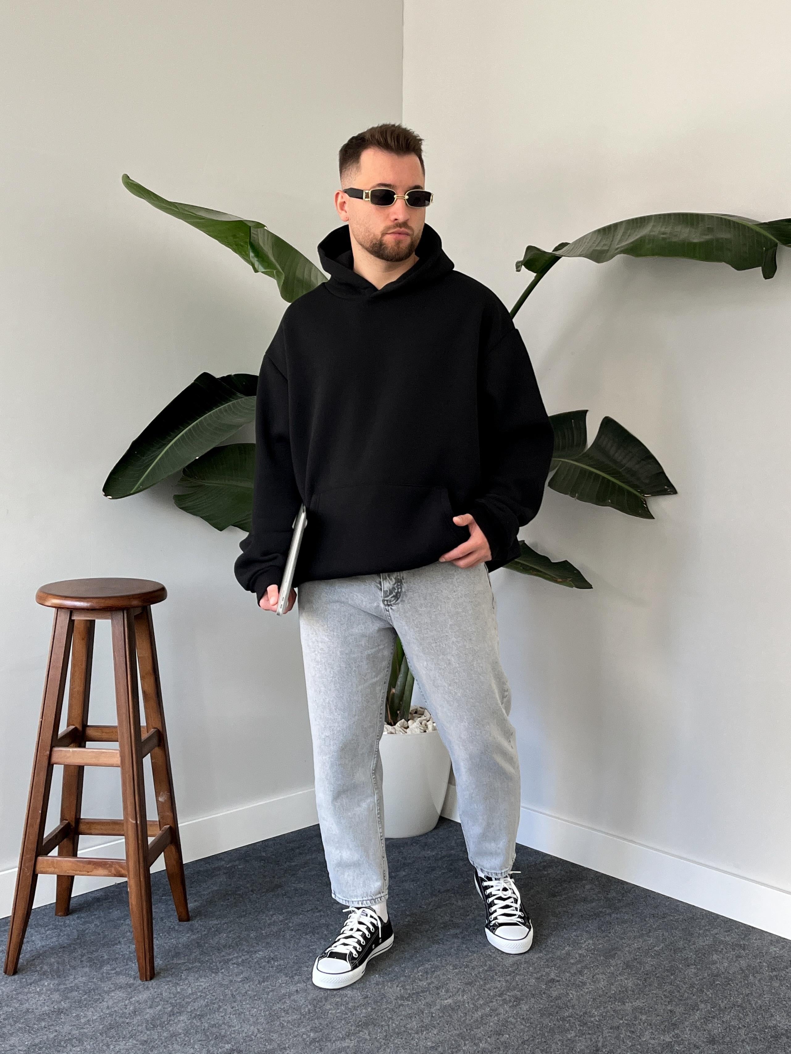 Siyah Üç İplik Şardonlu Basic Oversize Hoodie