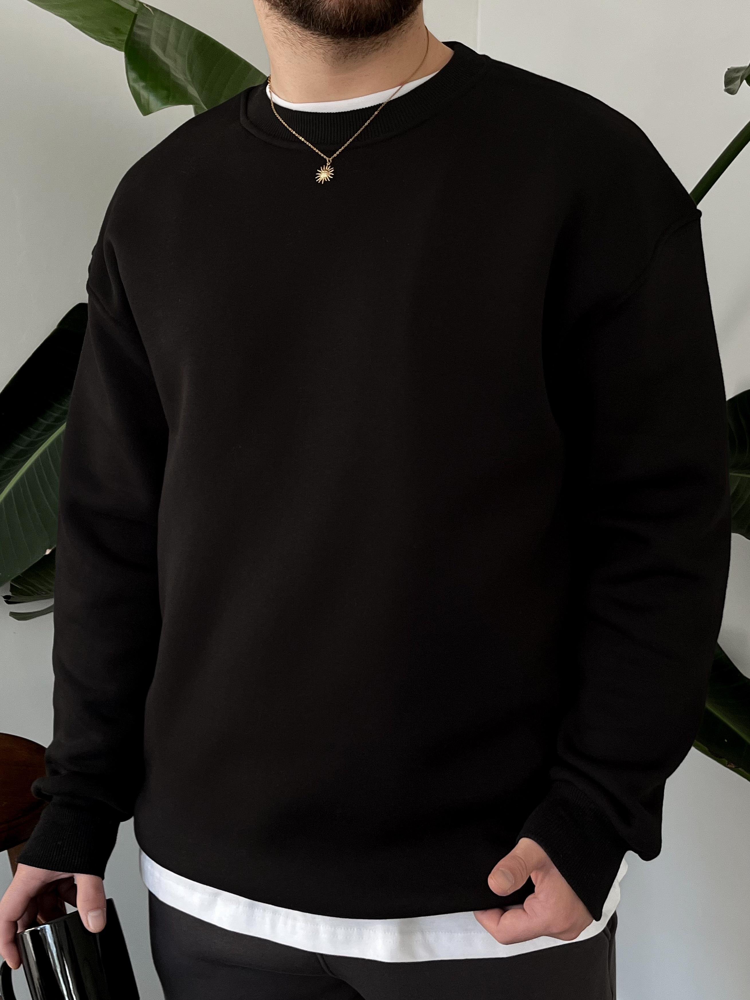 Siyah Üç İplik Şardonlu Basic Sweatshirt