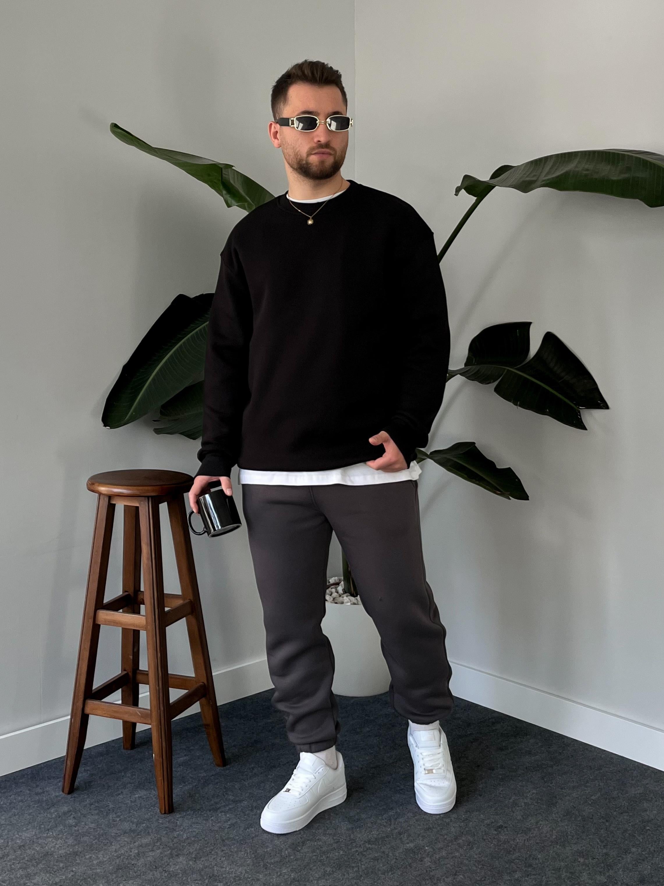 Siyah Üç İplik Şardonlu Basic Sweatshirt