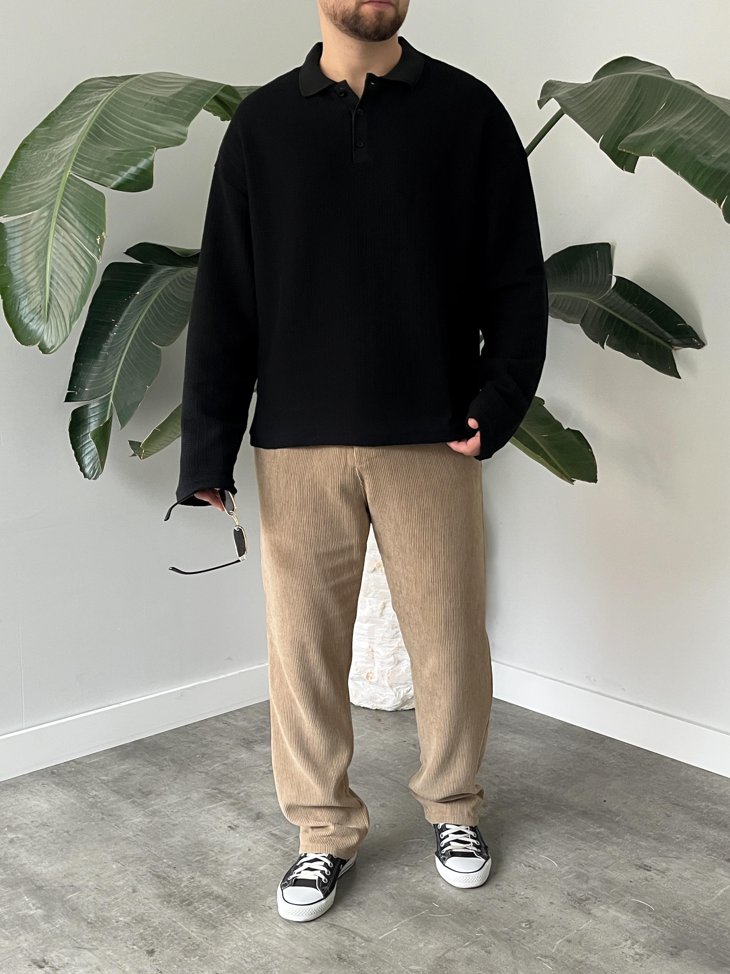 Siyah Waffle Dokulu Polo Yaka Örme Triko Sweatshirt