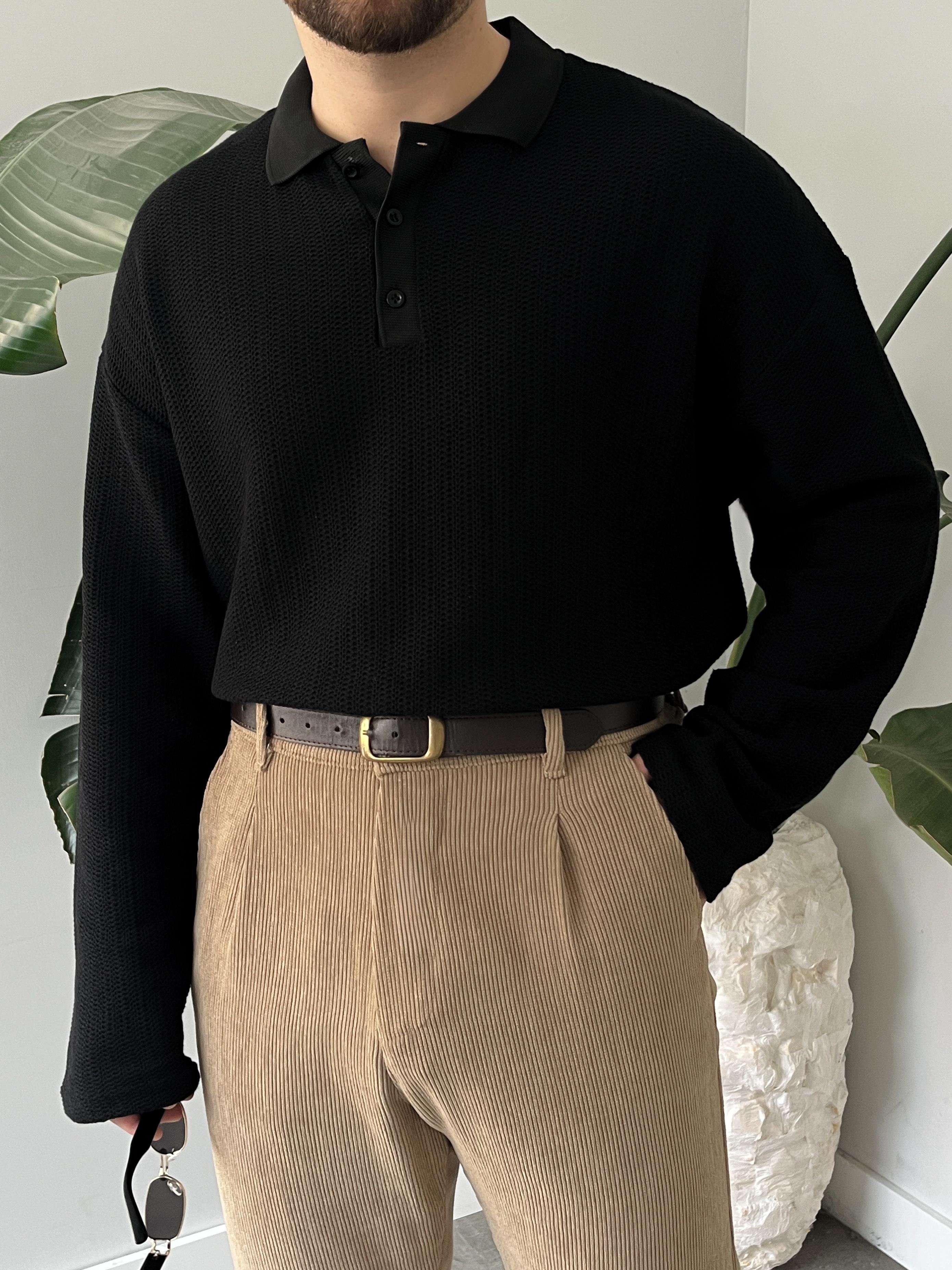 Siyah Waffle Dokulu Polo Yaka Örme Triko Sweatshirt
