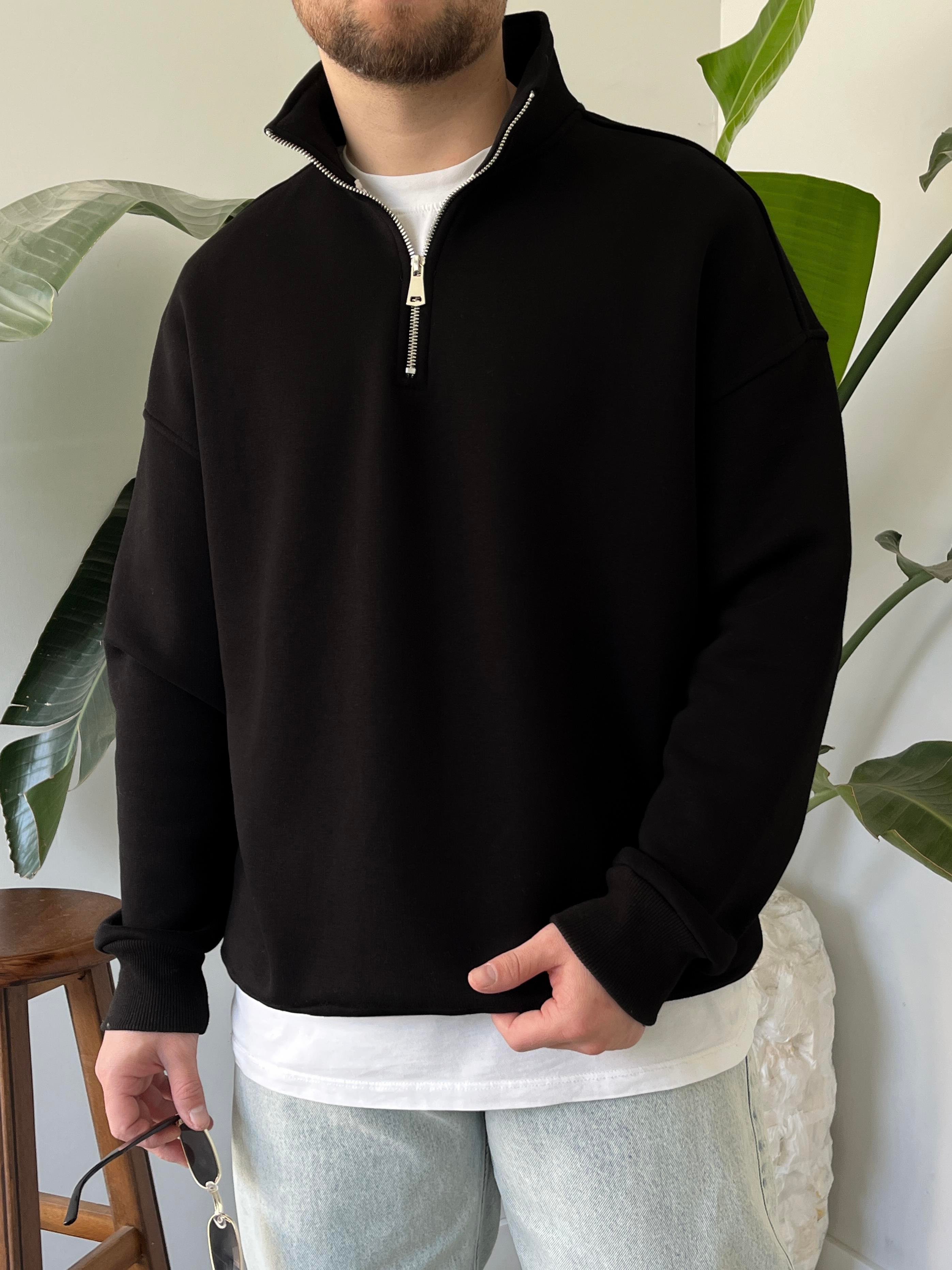 Siyah Yarım Fermuar Üç İplik Şardonlu Sweatshirt