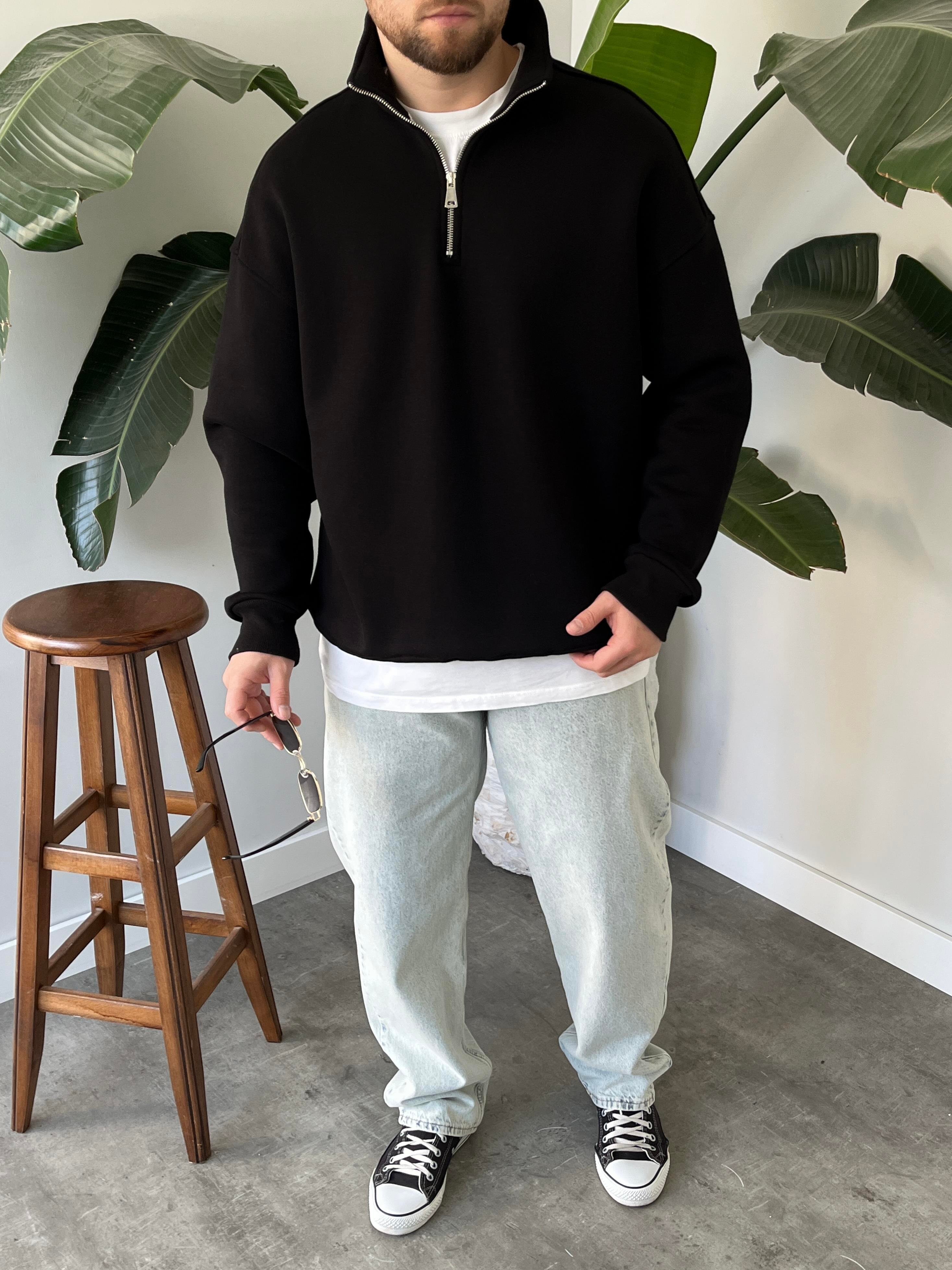 Siyah Yarım Fermuar Üç İplik Şardonlu Sweatshirt