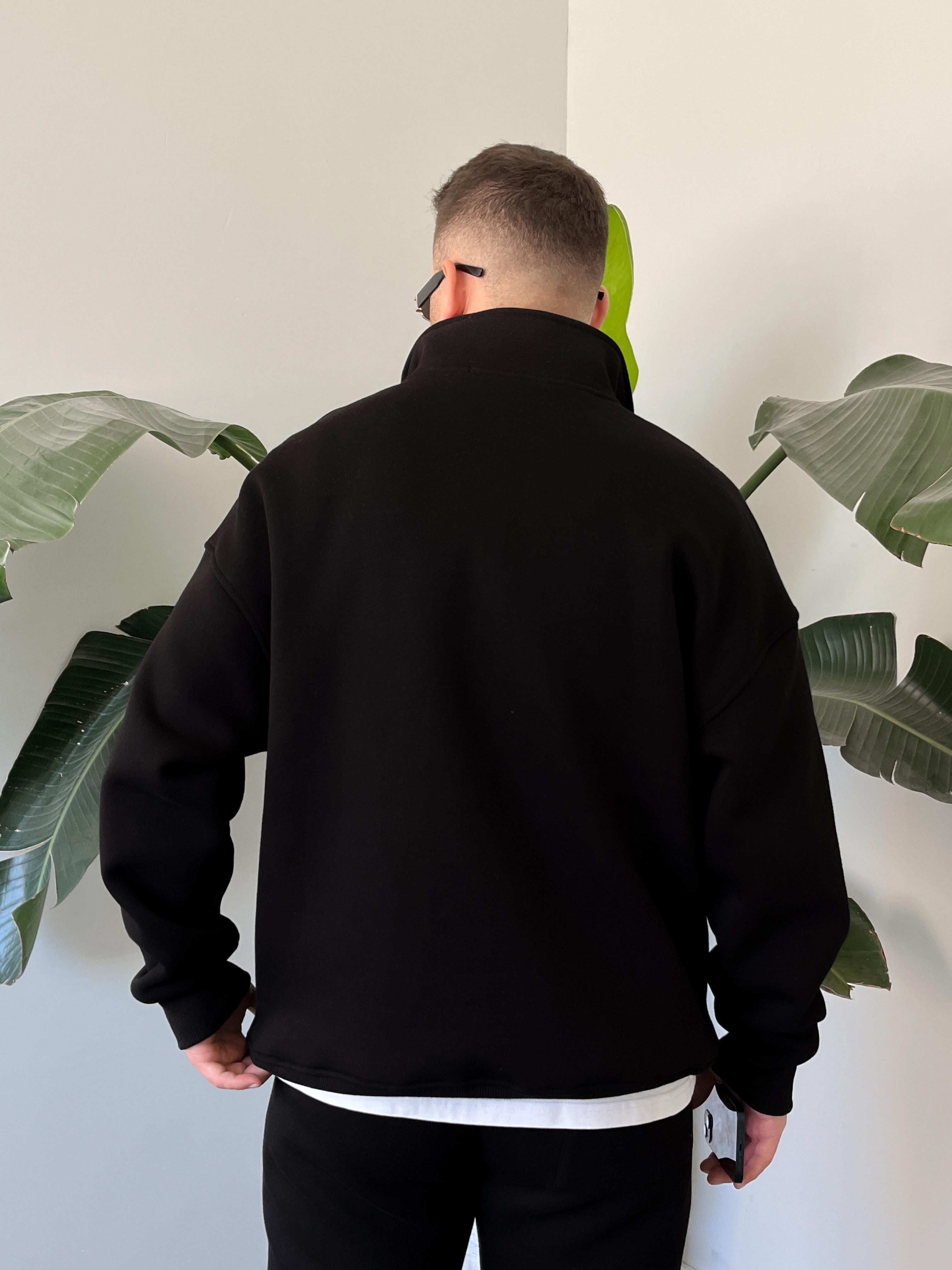 Siyah Yarım Fermuarlı Oversize Eşofman Takımı