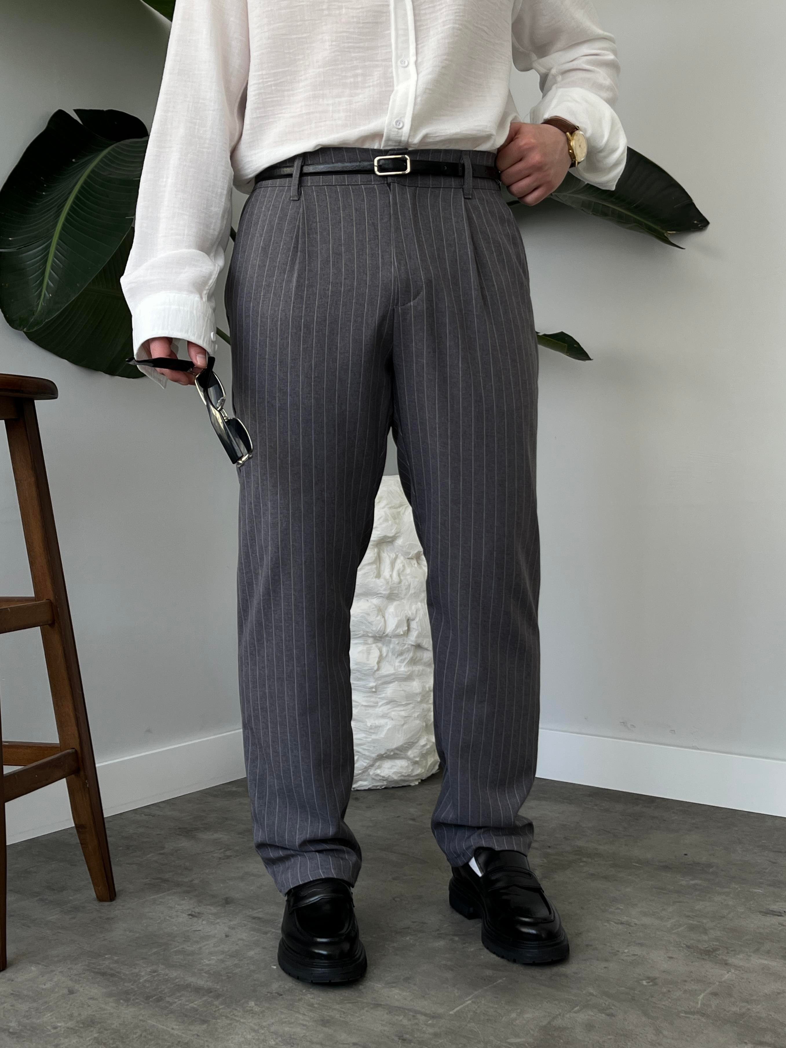 Strado Gri Çizgili Baggy Kumaş Pantolon