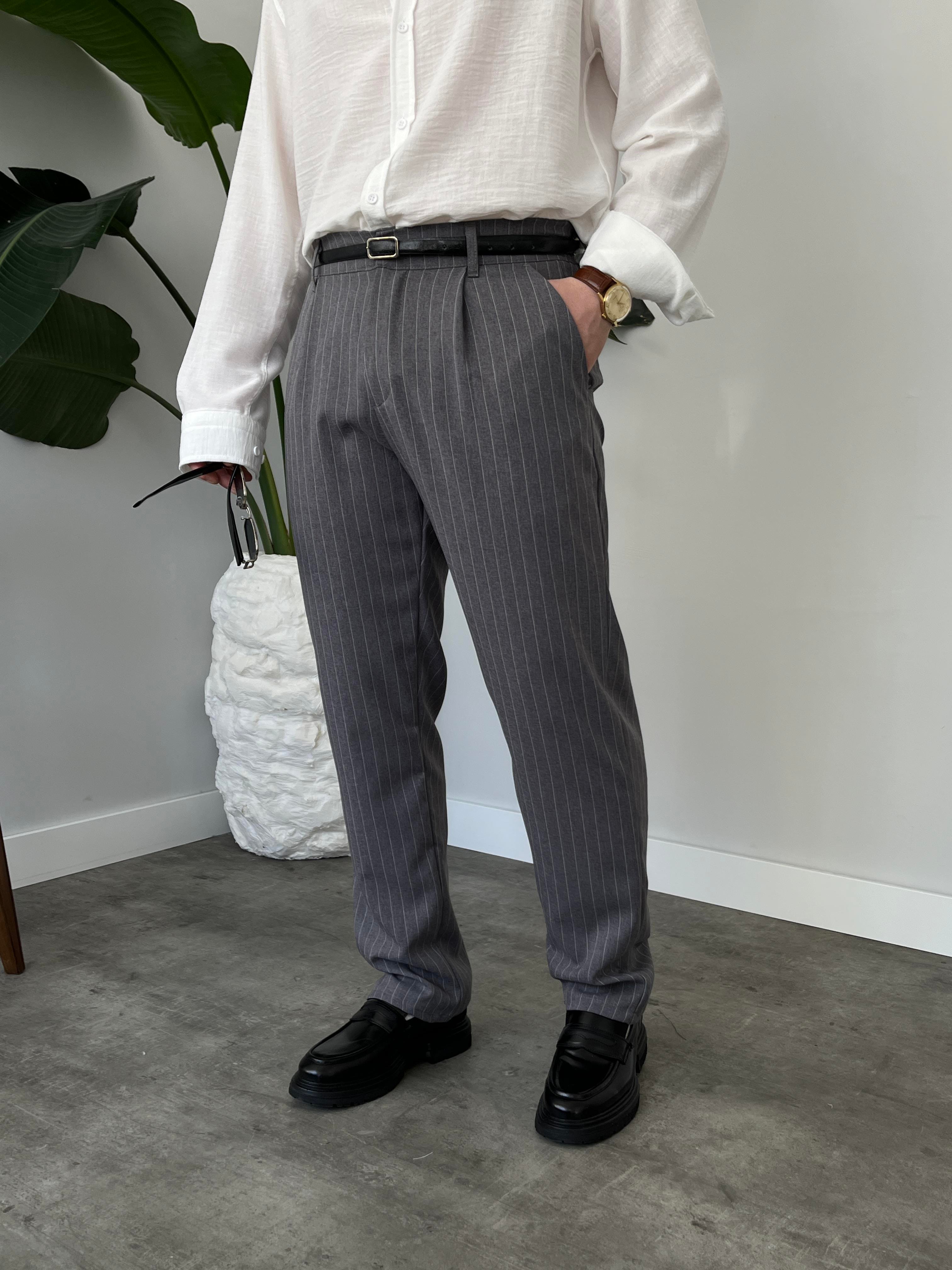 Strado Gri Çizgili Baggy Kumaş Pantolon